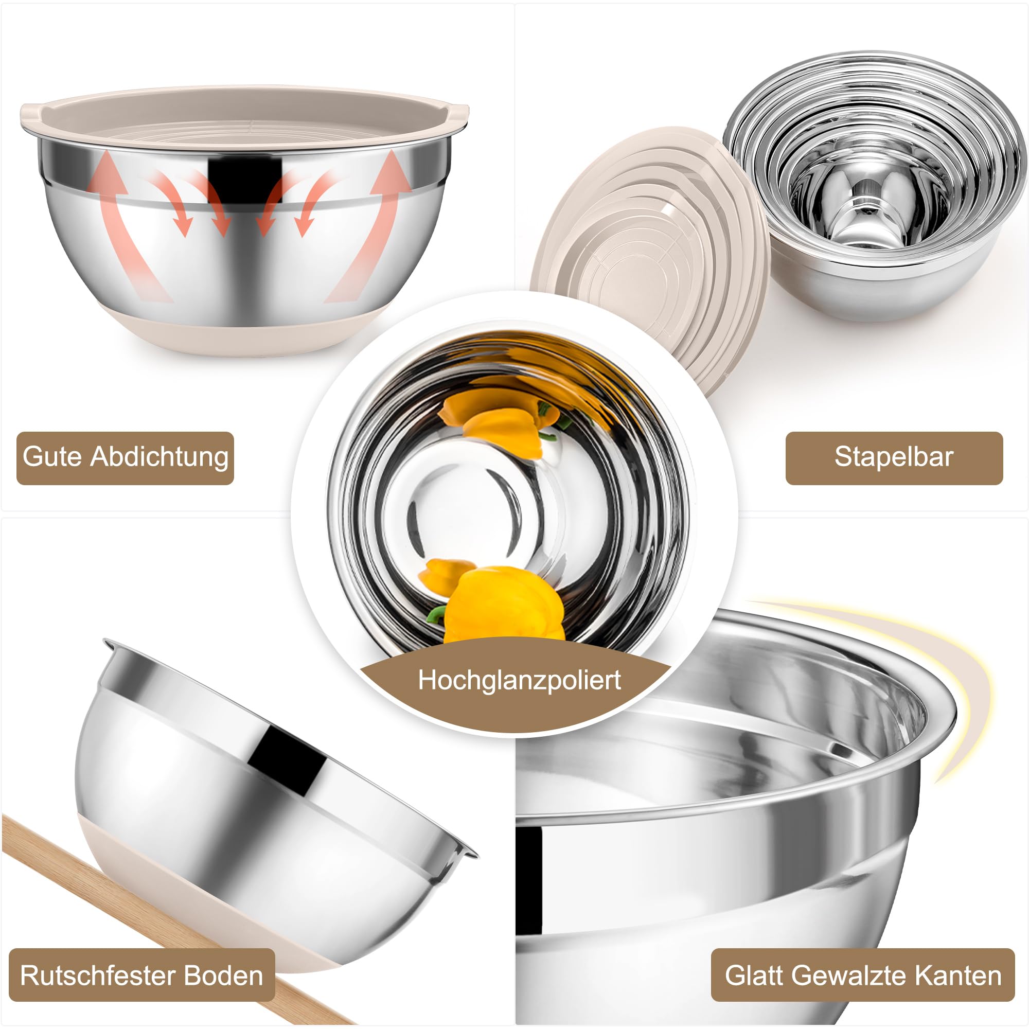 Onader Kahaki - Set di 6 ciotole in acciaio inox, con coperchio ermetico e 3 grattugie, per cucina, 4,6 l, 2,8 l, 2,5 l, 1,6 l, 1,2 l, 0,7 l, impilabili e lavabili in lavastoviglie, colore: Kahaki