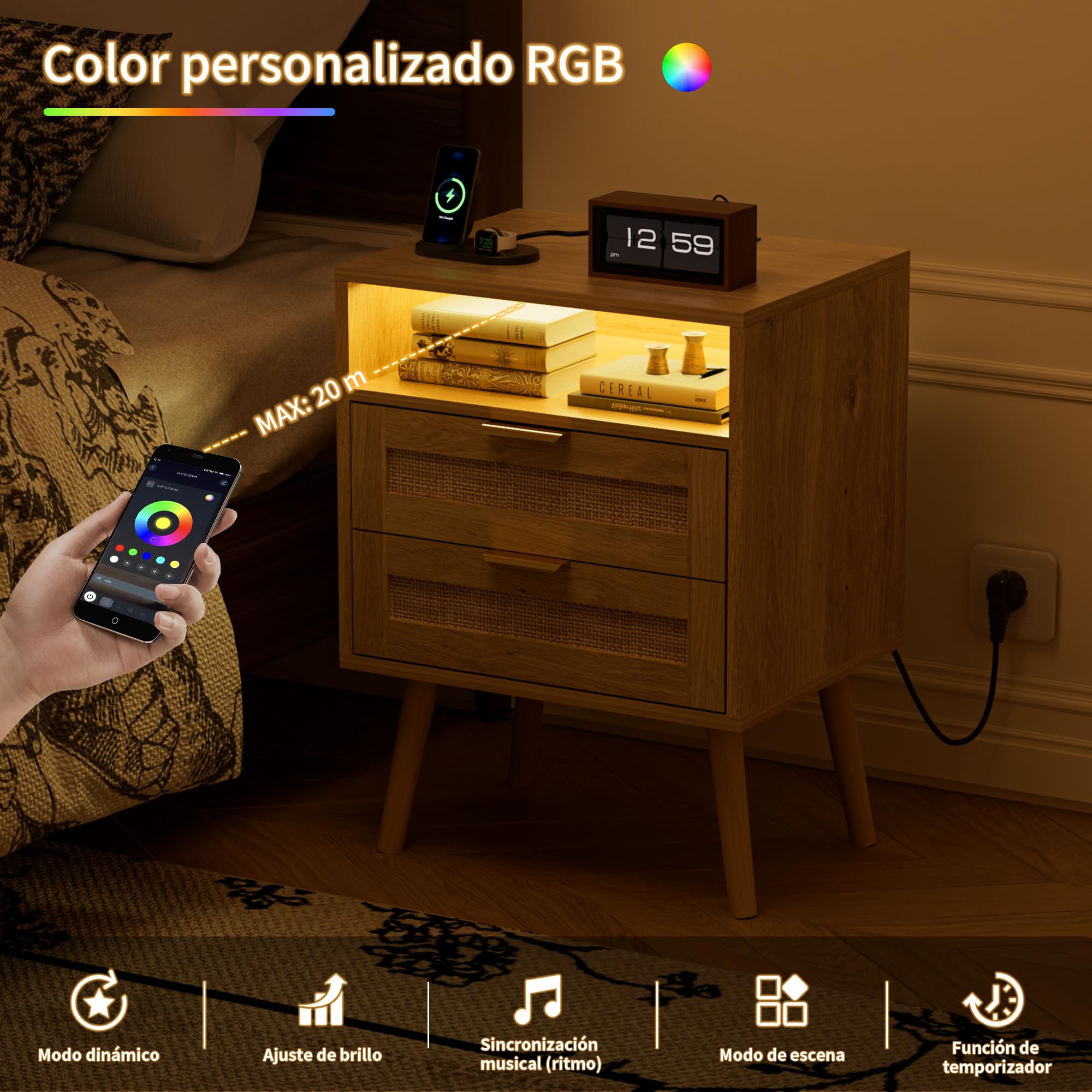 BonVache Mesitas de Noche Pack 2, Luz Regulable en Color, Toma de Corriente integrada y Puertos USB-A y C, Compartimento Abierto y 2 cajones de caña, Patas de Madera Maciza, Estilo ratán Natural