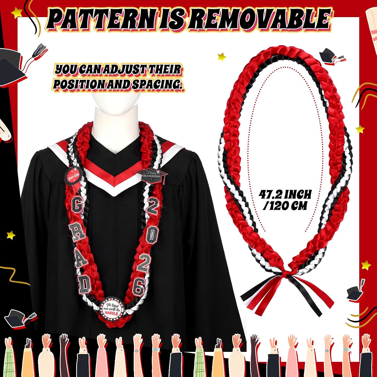 Suncalla 2 Pcs Graduation Leis Class of 2026 Red Black Money Ribbon Leis Graduation Necklace with Glittery Pin Braided Ribbon Necklace for Women Men Grad Gift High School University Ceremony DIY Decor