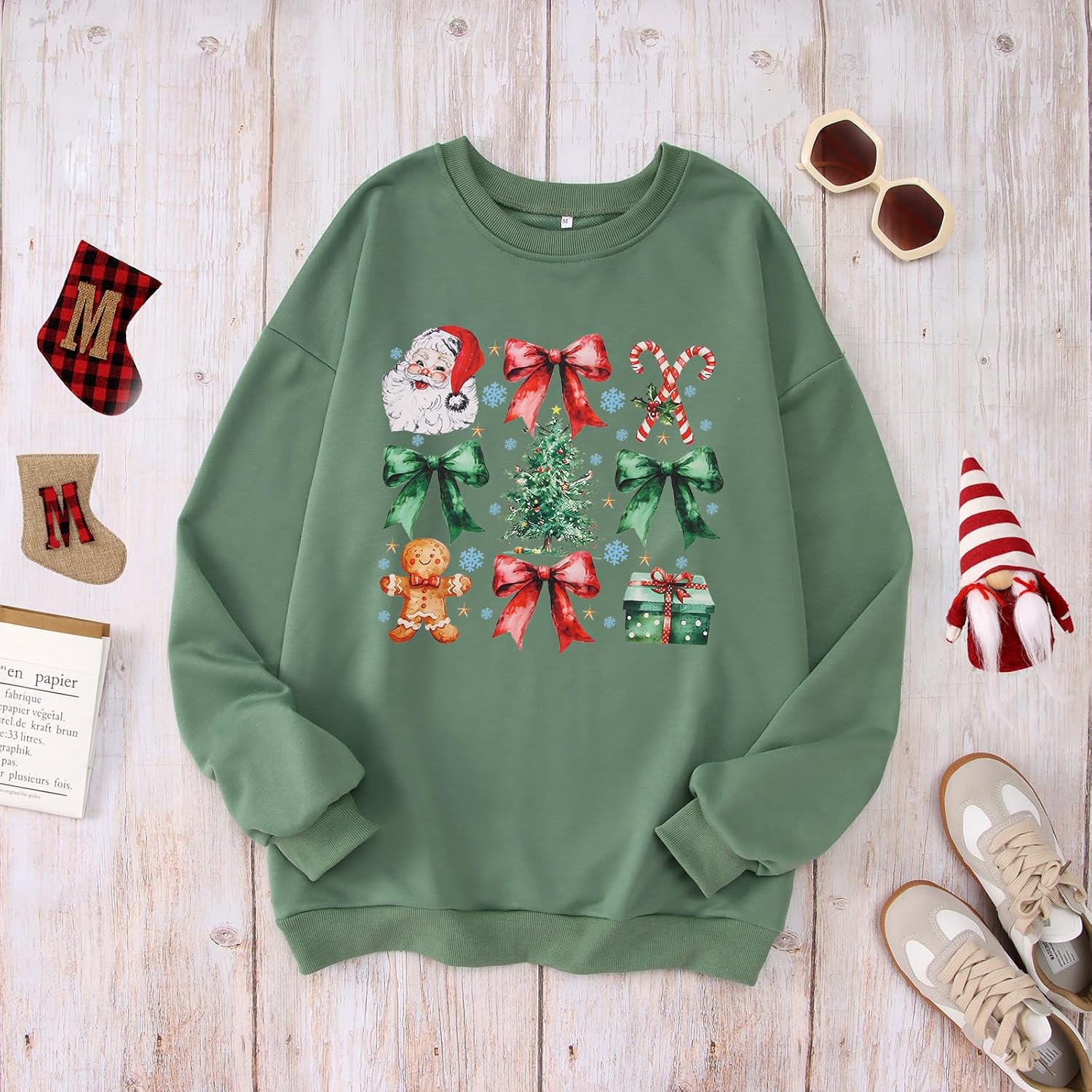 Women Christmas Sweatshirt Cute Santa Christmas Tree Graphic Shirt Long Sleeve Xmas Crewneck Pullover Holiday Top - Image 4