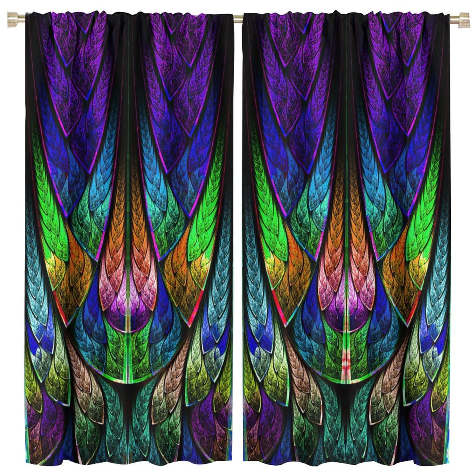 Abstract Window Curtains,Fractal Pattern in Stained Glass Style Blackout Rod Pocket Window Drapes for Living Room Bedroom Decor,2 Panel Set W42xL45in