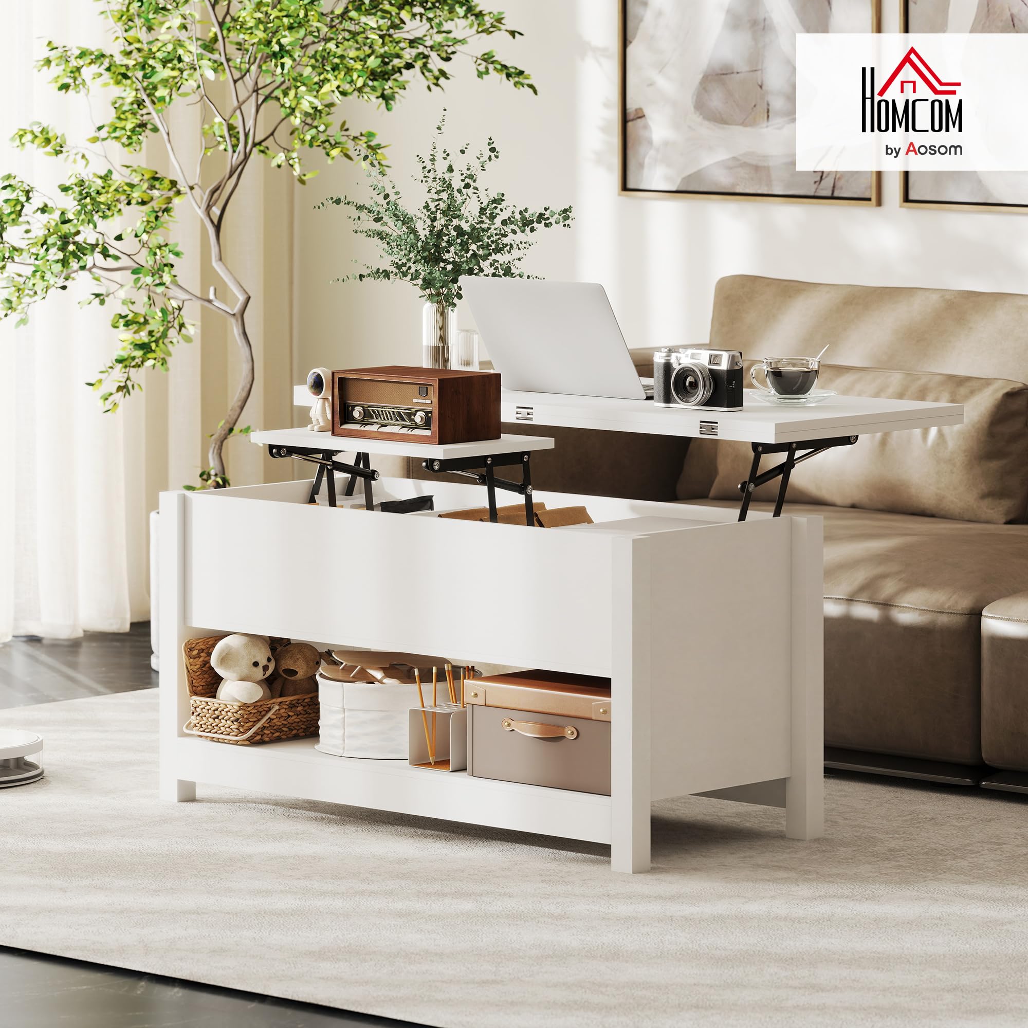 HOMCOM Mesa de Centro Elevable y Extensible Comedor 100x90x64 cm Blanco | Mesa de Salón con Compartimentos Ocultos, Estante Abierto, para Oficina