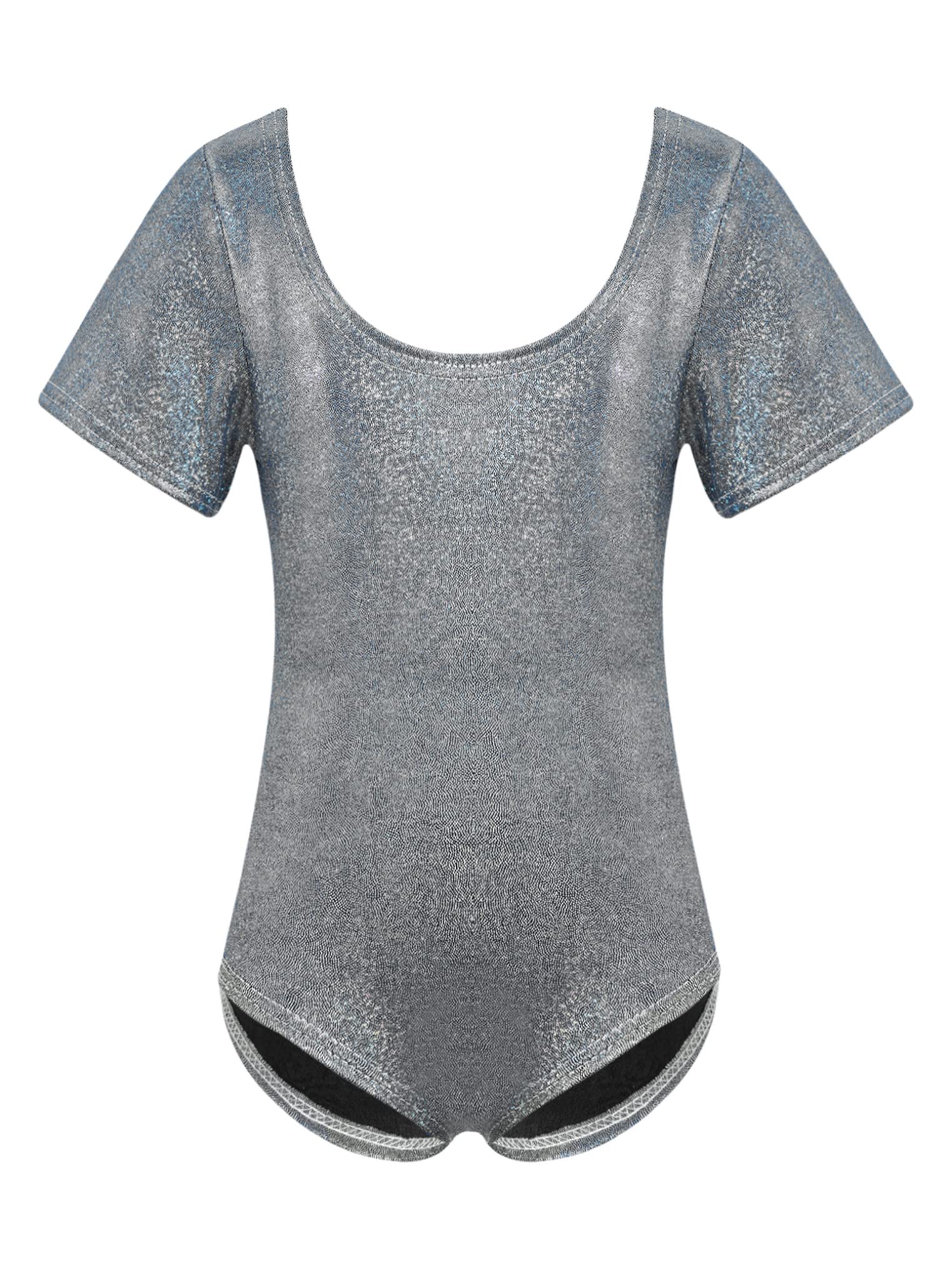 Yeahdor Girls Gymnastics Dance Leotard Short Sleeve Shiny Metallic Ballet Dance Bodysuit Stage Performance Dancewear Black 8-9 Years