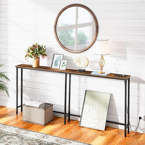 HOOBRO Slim Console Table with Charging Station, 180 cm Long Hallway Table with USB Ports, Behind Sofa Table Narrow for Hallway, Entryway, Foyer, Living Room, Rustic Brown and Black EBF185KXG01