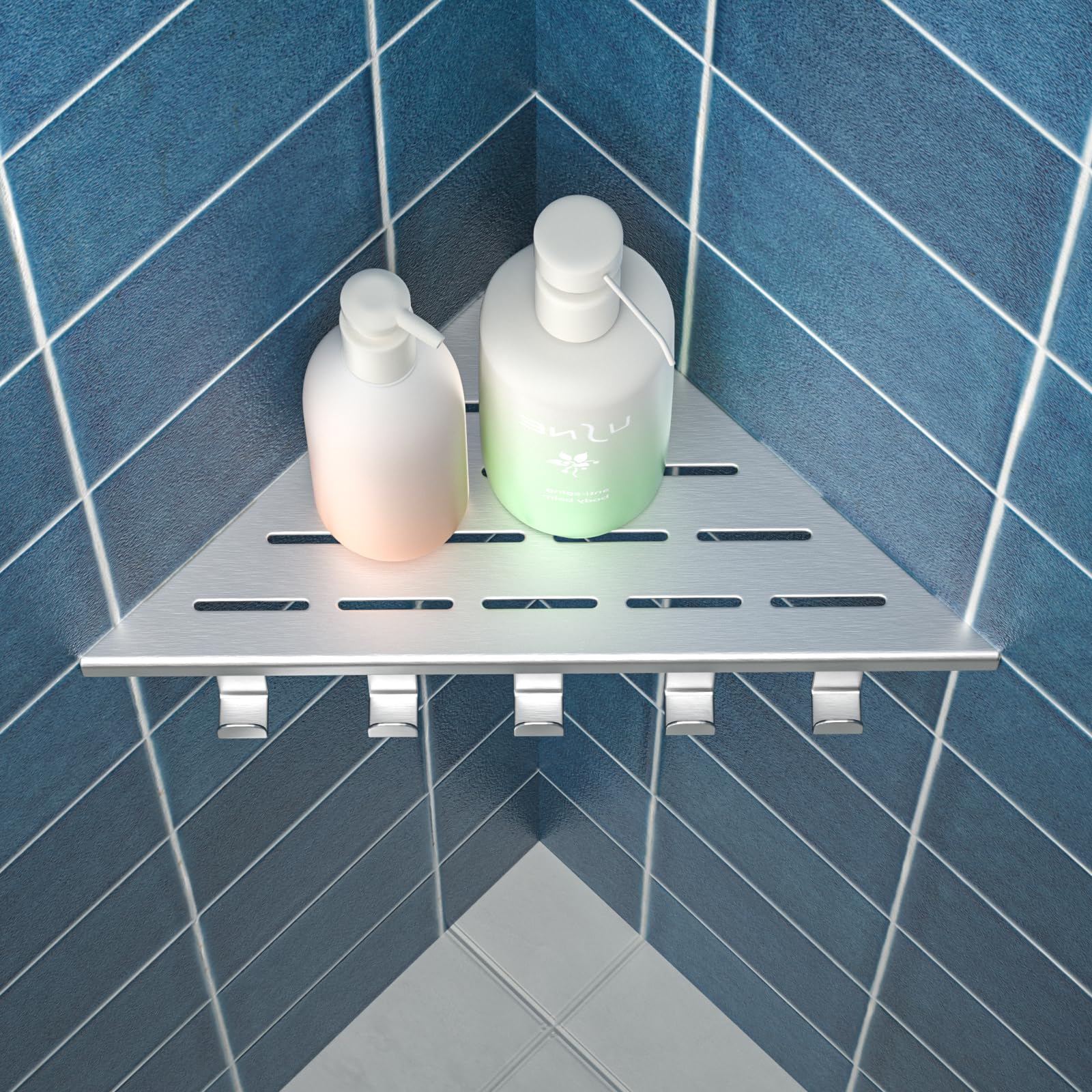Etagere Douche Angle Lot de 2, étagère de Douche en Coin avec Crochets d'angle en Acier Inoxydable 304, Etagere Angle Salle de Bain 254mm, pour Mur carrelé, sans perçage, Brossé