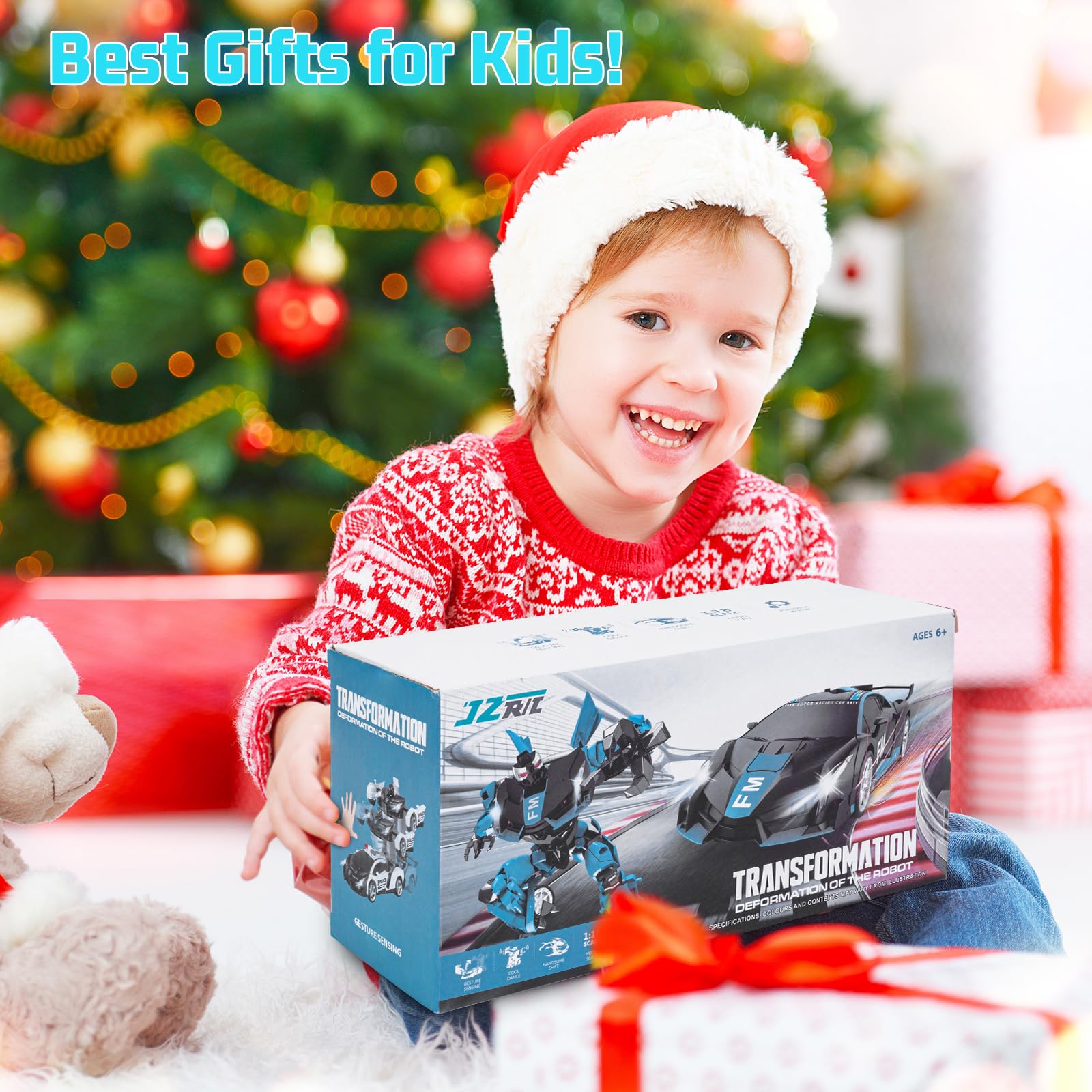 Transformator Spielzeug mit Gestensensor für Kinder 3-12, Ferngesteuertes Auto mit Licht und Sound, Transform Roboter Auto mit 2,4 Ghz Fernbedienung Akkus, Jungen Spielzeug Geschenk