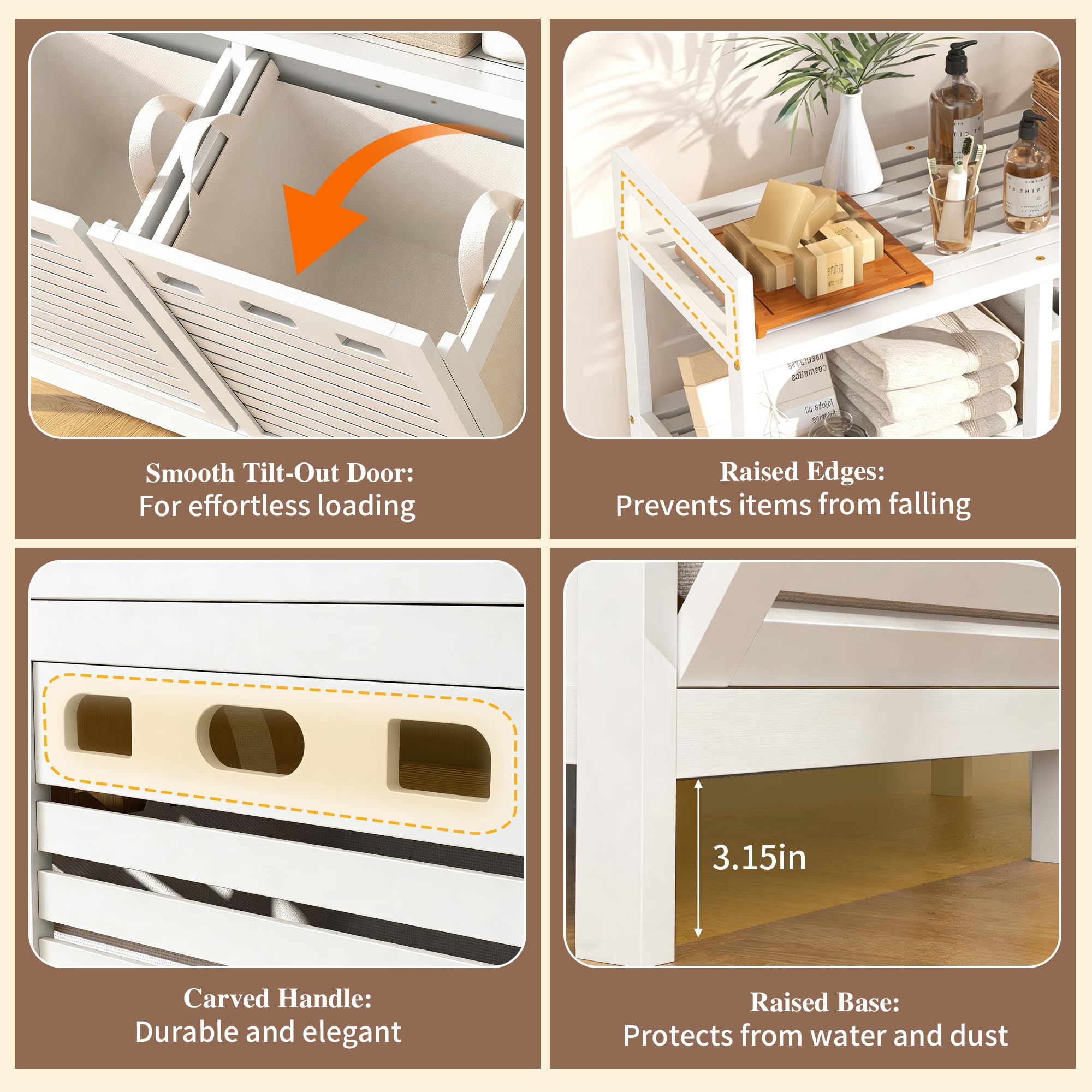 VASMIA Armario de Baño con Cesto de La Ropa, Bambú Mueble de Baño con Bolsas para La Ropa, con 2 Estantes, con Cestas de Lavandería Extraíbles (2*38 L), para Baño, Dormitorio, Cuarto de Lavado, Blanco