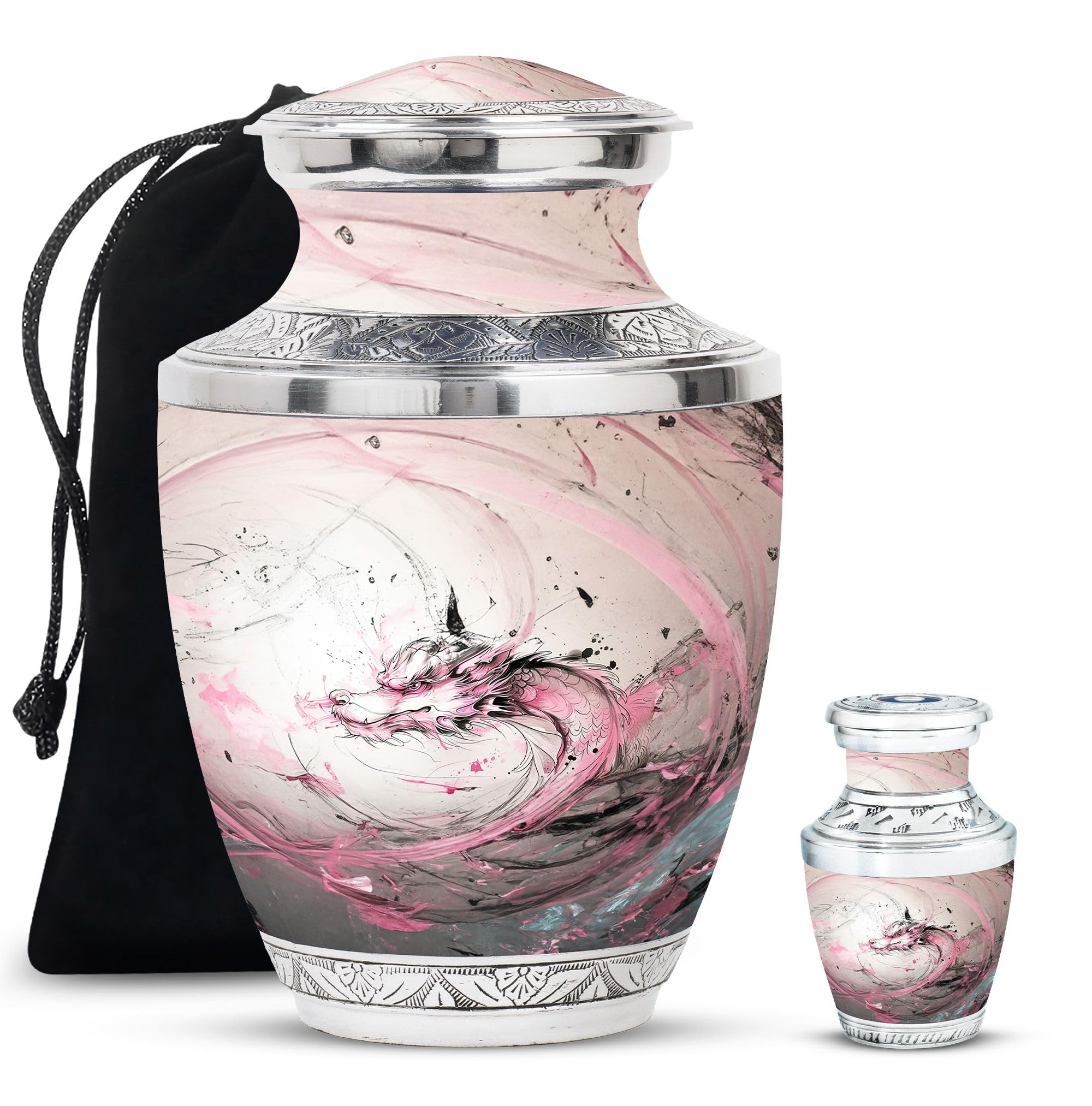YATHABHISA Dragon Urn, Combo of 1 Large Urn with Velvet Bag and 1 Small - Small & Large Urns for Husband & Wife - Metal Cremation Urns for Human Ashes - Metal Urns - Adult Memorial Urns, Black
