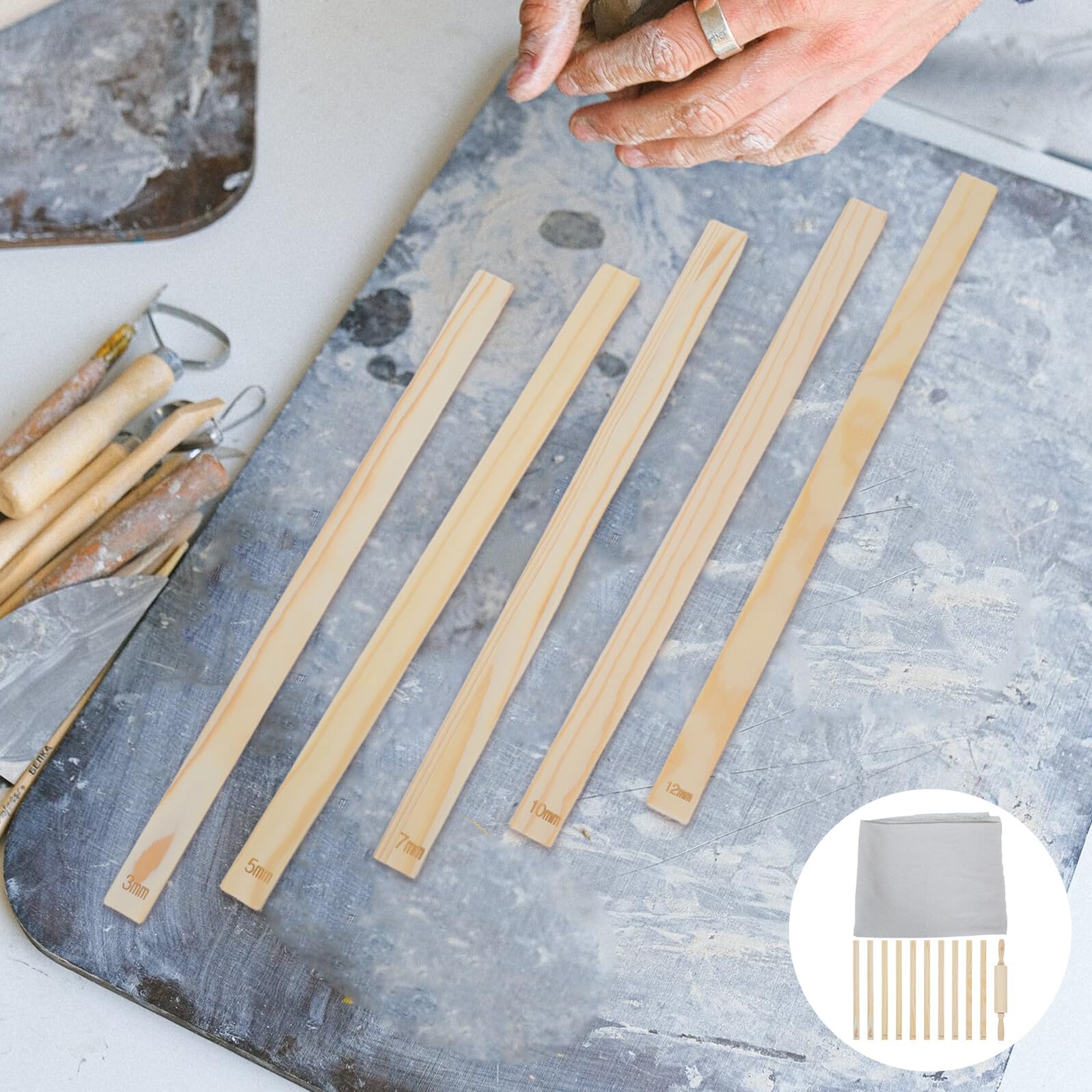 Töpferwerkzeugset für Ton 12 Stück mit Führung und Rollen | Holz und Leinen, für Studios und Handaufbau Projekte, Präzise Dickenkontrolle