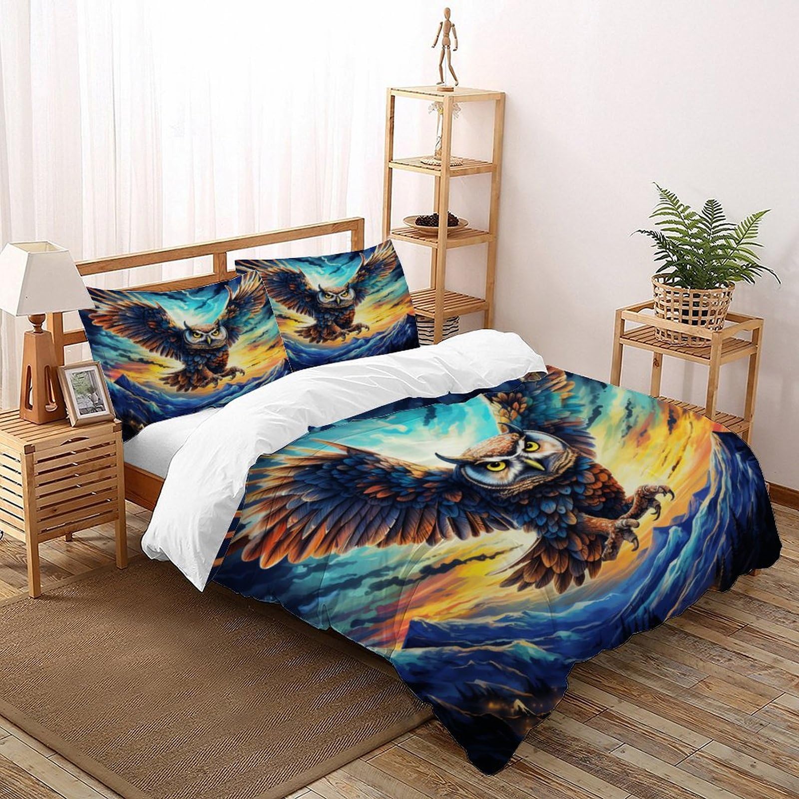 Parure de lit hibou 200x200cm avec housse de couette et taies d'oreiller wild animals en microfibre