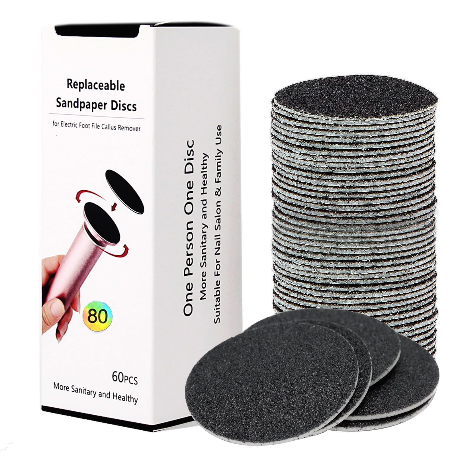 60pcs Replaceable Sandpaper Refill Discs 80 Grit for Electric Foot File Callus Remover Hard Dry Dead Skin Removal (Coarse 80 Grit)