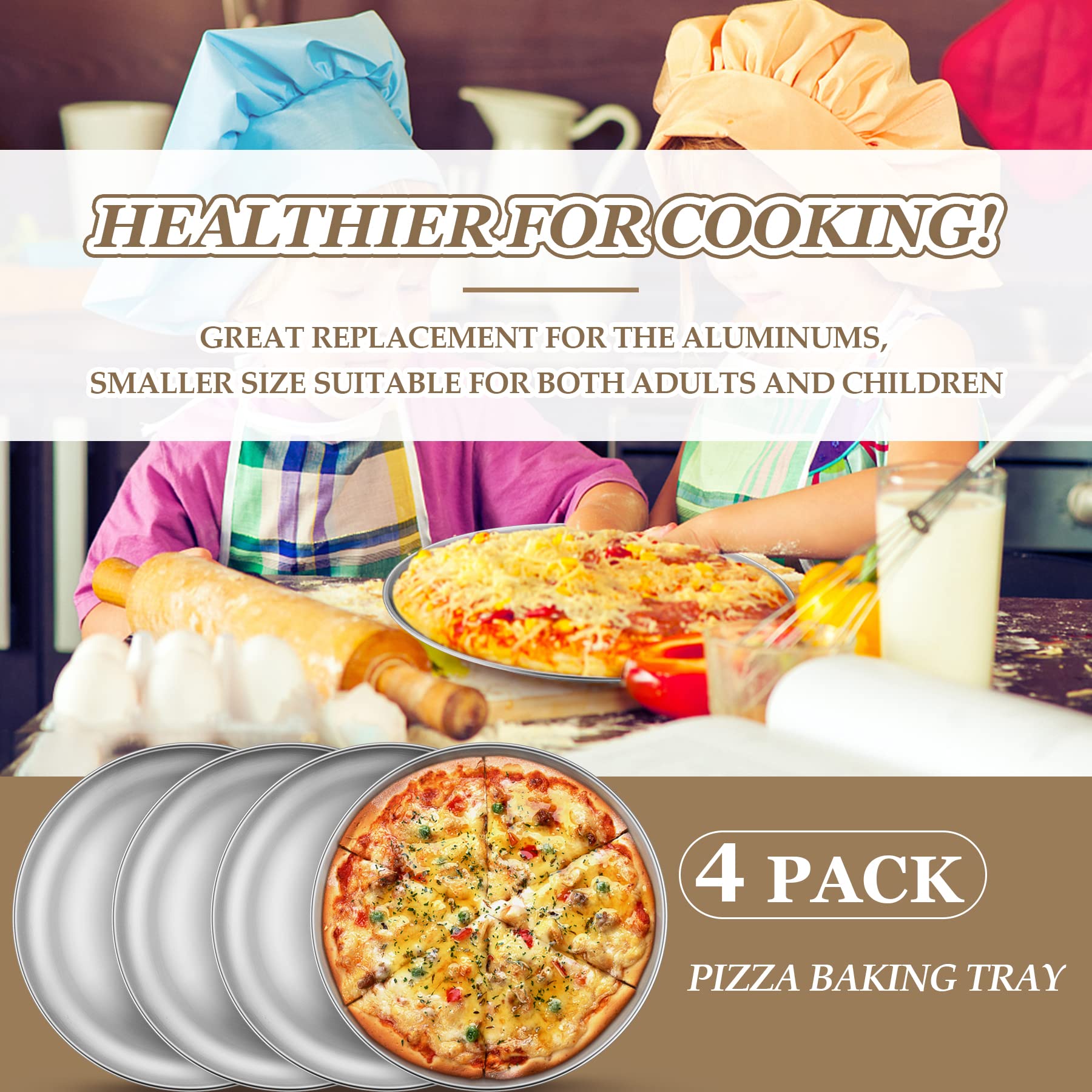 HaWare Set di 4 teglie rotonde per pizza in acciaio inox, da 20,3 cm, per cuocere/servire/cucinare, atossiche e sane, lavabili in forno e lavastoviglie (20 cm)