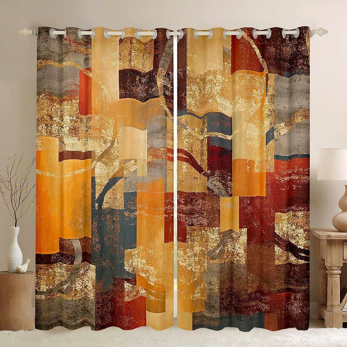 Feelyou Orange Red Curtains for Bedroom Living Room (2 Panels, 52 x 63 Inch) Geometric Abstract Circle Blackout Curtains Rustic Rectangle Square Darkening Drapes Artwork Window Treatments