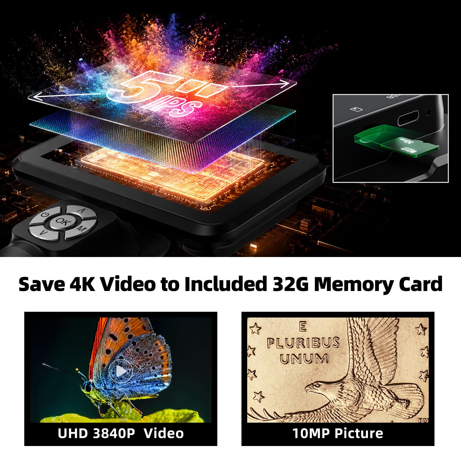 4K HDMI Digitalmikroskop mit Flexarm Ständer, 4K Lötmikroskop Kamera für Erwachsene, 5 Zoll Bildschirm, 3840P Video, 1200X Hand-Münzlupe Vollsicht, 8 LED-Licht, PC-Ansicht, 32G, LM115A-4K