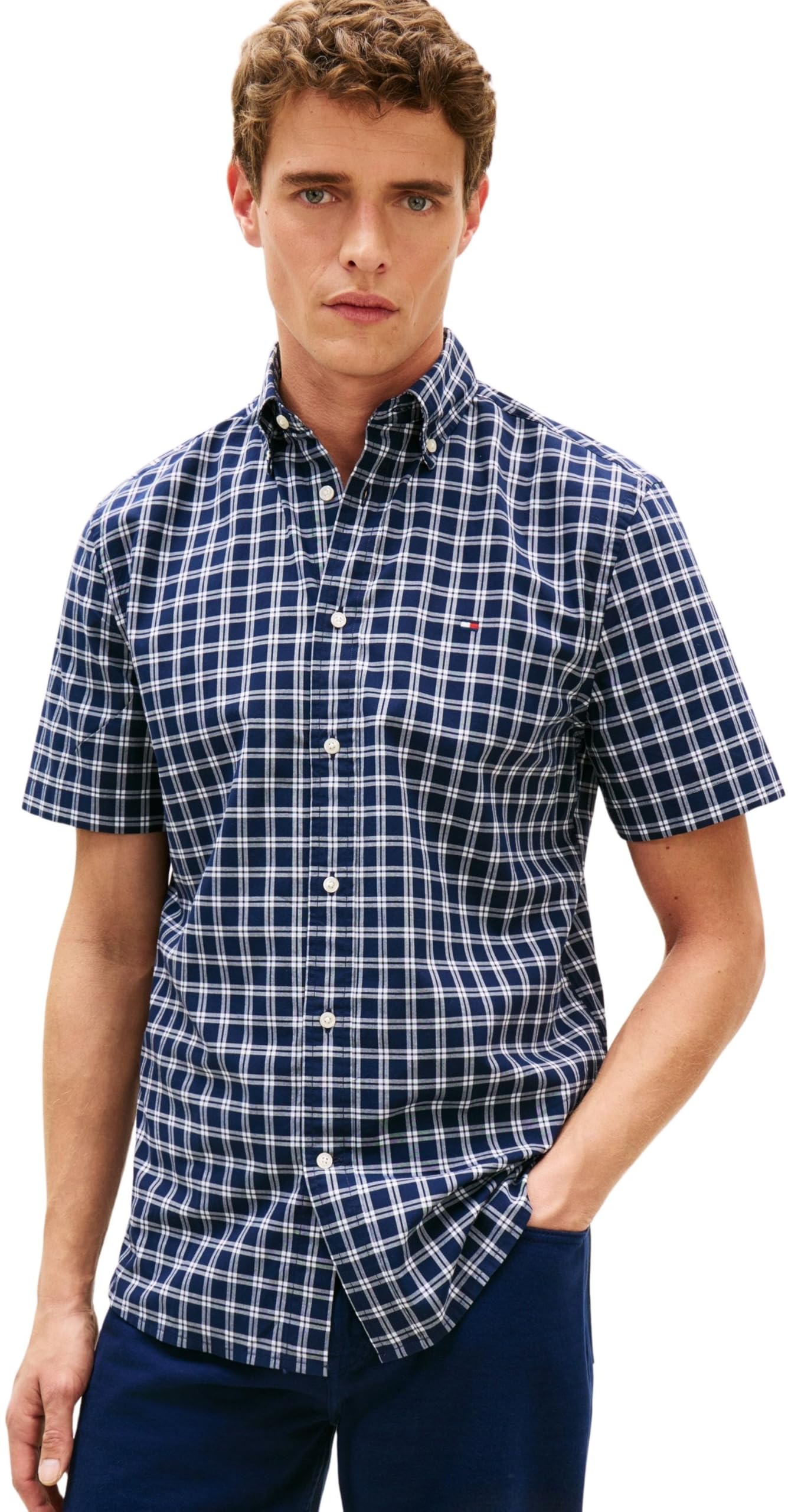Tommy Hilfiger Herren Flex Poplin Check Ss Rf Shirt Mw0mw42437 S/S Shirt (1er Pack)
