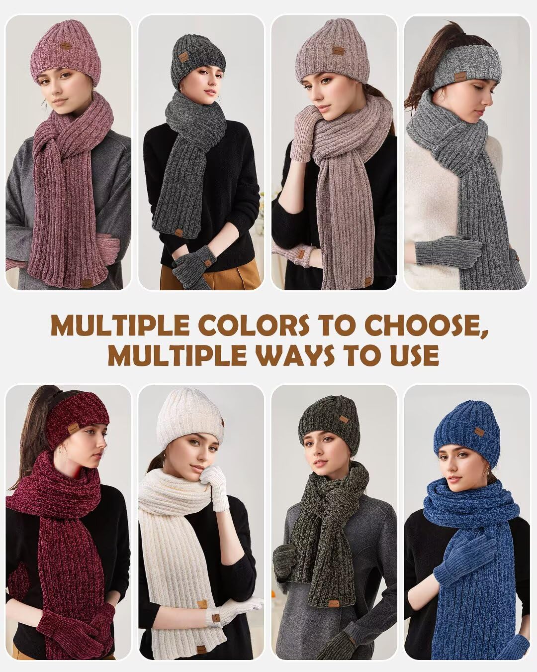 Winuesa Fascia per capelli, cappello, sciarpa e guanti da donna, in ciniglia, foderata in pile, scaldacollo, sciarpa, guanti touchscreen, set regalo 4 in 1
