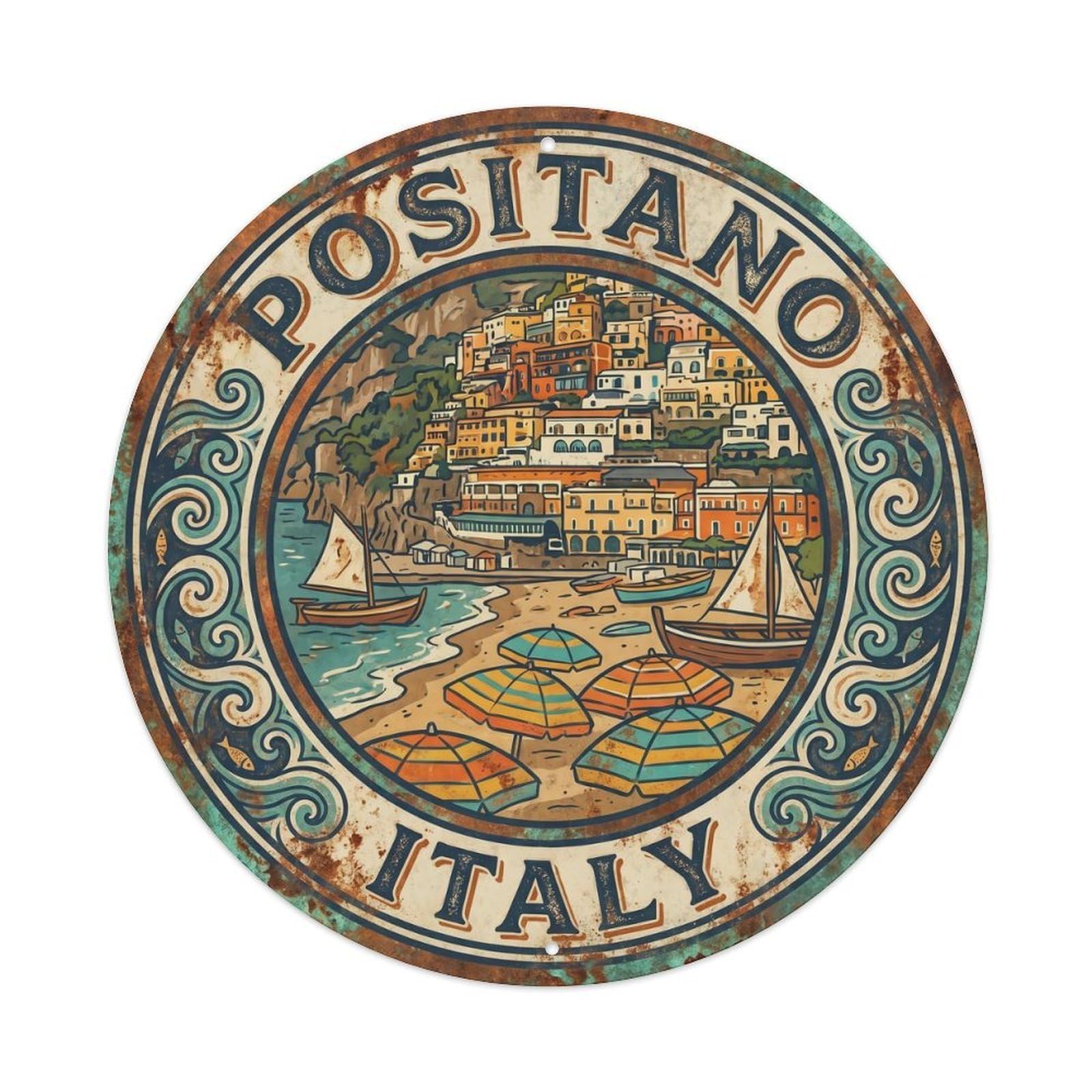 Vintage Travel Positano Italy Amalfi Metal Tin Sign Plaque Wall Decor for Cafe, Club, Garden Round Metal Poster 8x8Inch