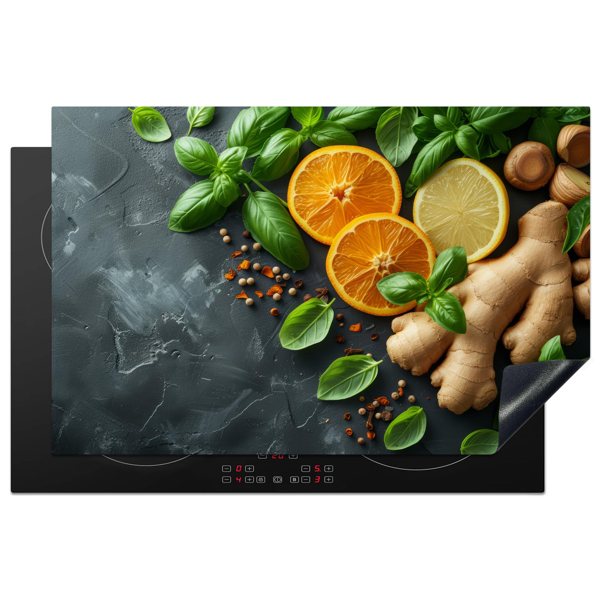 KitchenYeah© Herdabdeckplatte 81x52 cm Einteilig Induktionsmatte Küche Abdeckung Ceranfeld Herd Abdeckplatte Deko Vinyl Matte Aufrollbar Kräuter - Obst - Beton - Ingwer - Blätter