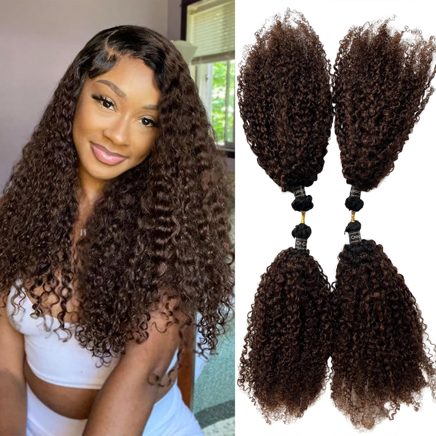 Ombre Kinky Curly Crochet Feather Human Hair T1B/4 Brown Color Pre-Separated Crochet Hair Weaves Extensions Miracle Knots Durable String Bulk Bundles 14Inch 60g 50Strands