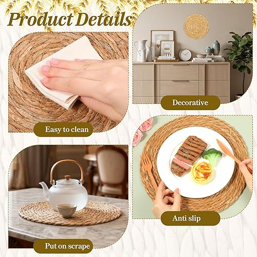 Miniatura 7 de SHENLIU 12 manteles individuales redondos de ratán de 13.5 pulgadas, platos individuales redondos tejidos, manteles individuales bohemios rústicos