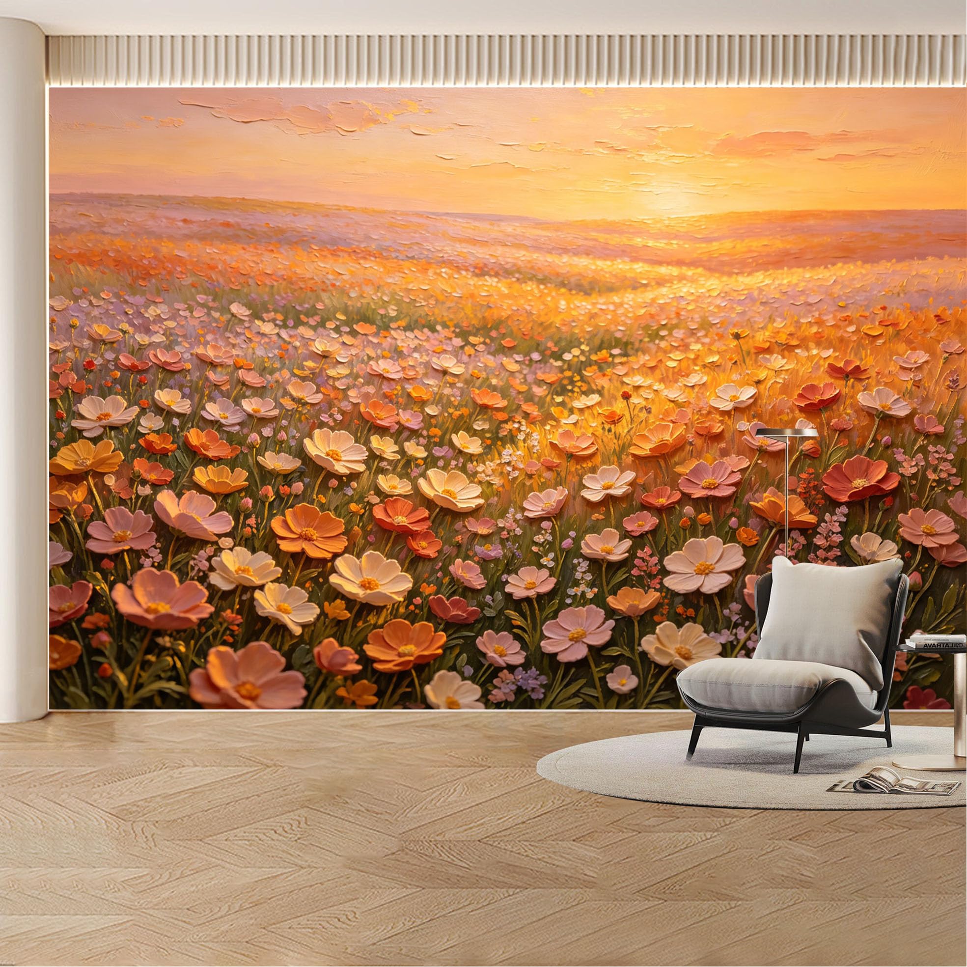 Custom Wall Mural Wallpaper Wildflower Meadow Sunset Landscape Modern 3D Effect Wall Decor Nature Boho for Living Room， Bedroom， Office