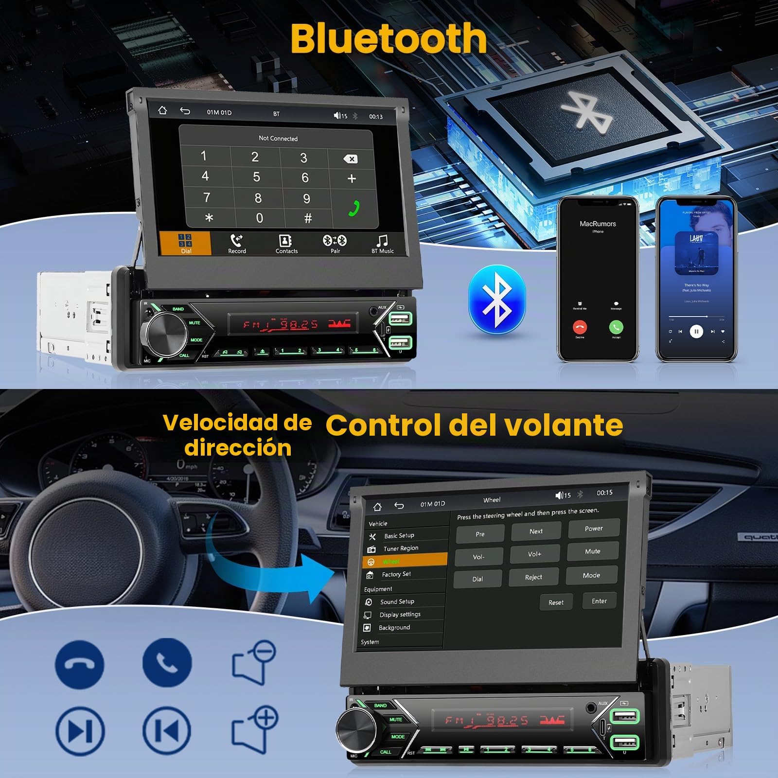 Hikity 1 DIN FM Dab/Dab+ Autorradio con Wireless Carplay Android Auto | HD 7 Pulgadas con Bluetooth Retroiluminación Multicolor Cámara de Marcha Atrás Grabador de Vídeo Digital EQ USB AUX