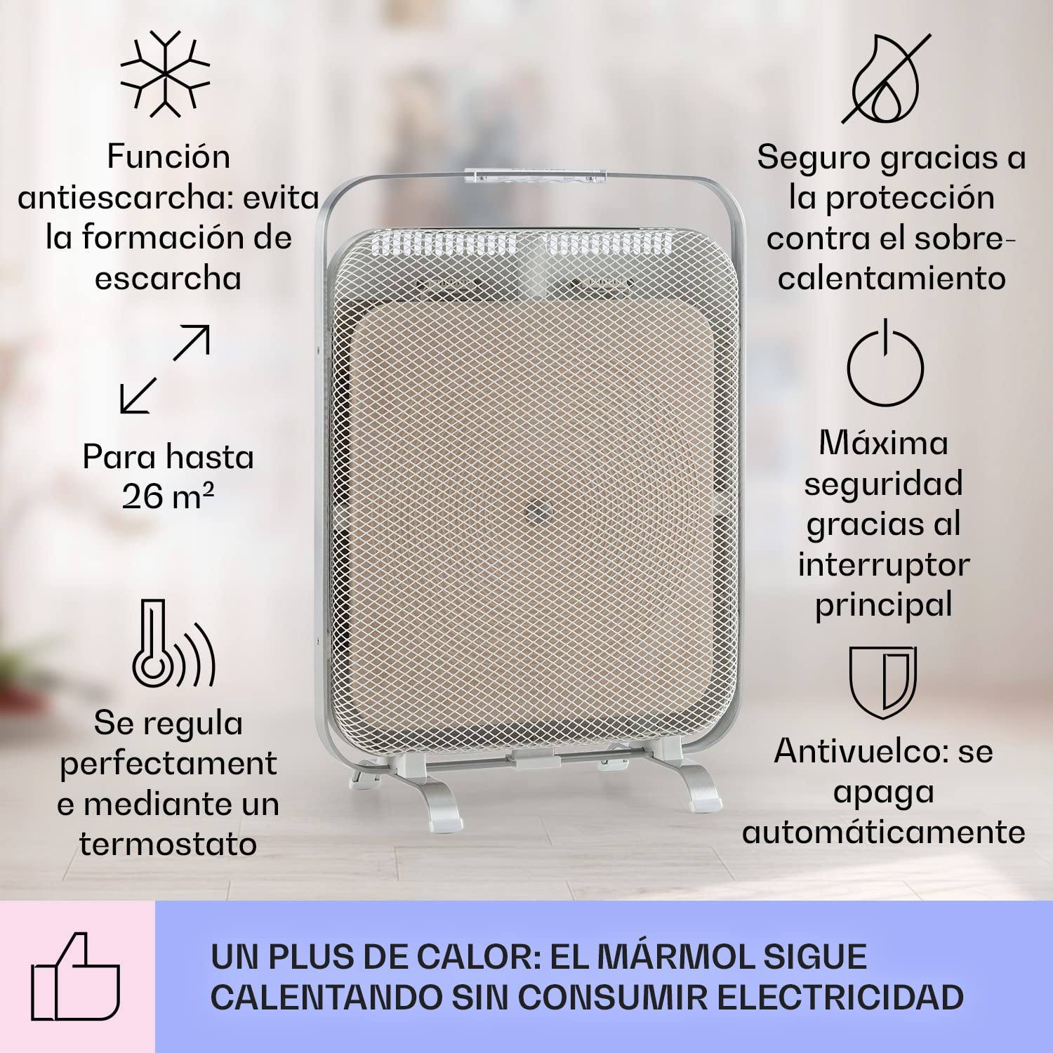 Klarstein Calefactor Infrarrojo 1300W, Panel Calefactor Infrarrojo para Casa, Portátil de Aluminio con Mármol Retenedor de Calor, Termostato, Protección Antihielo, Bajo Consumo