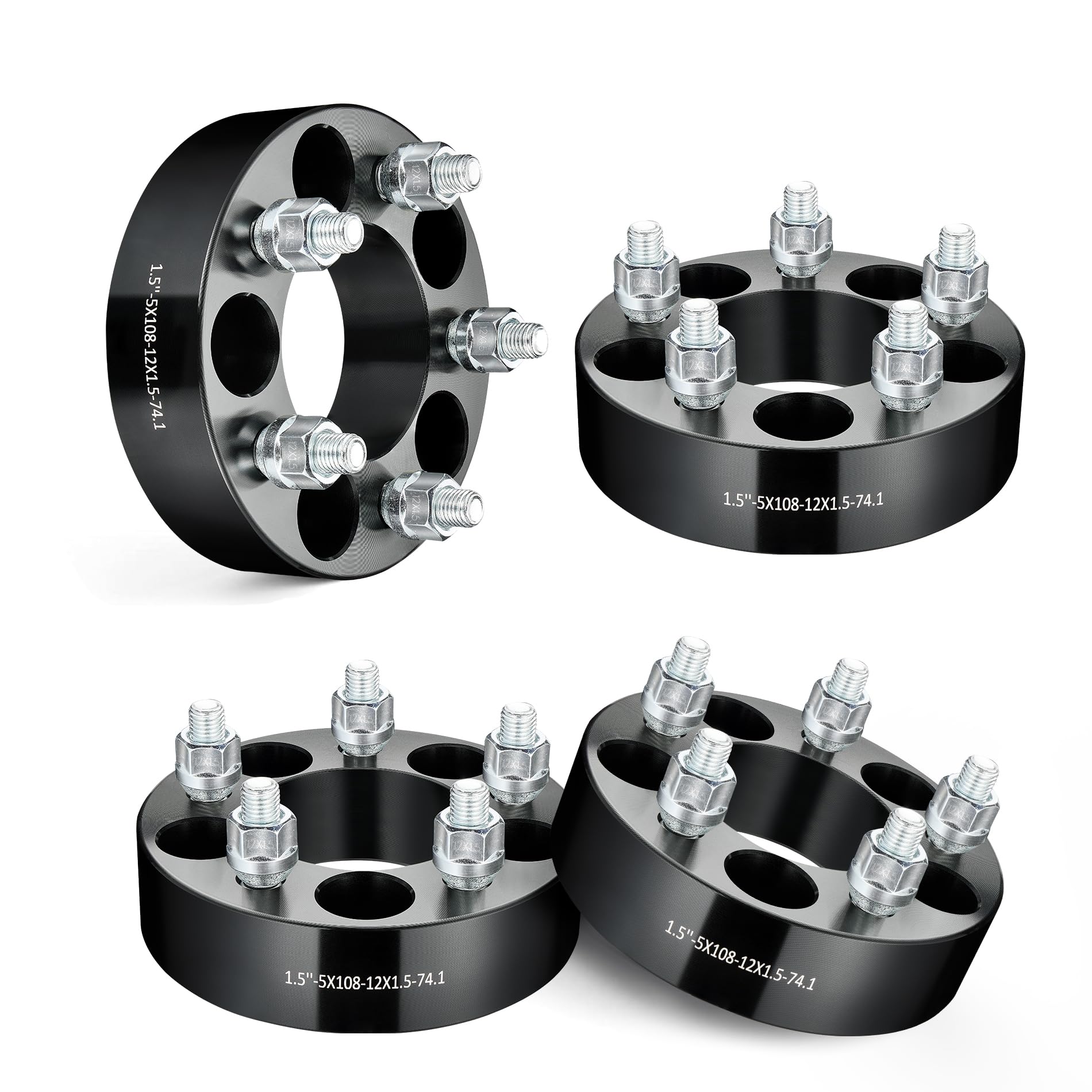 EVIL ENERGY 5x108 Wheel Spacers 1.5 inch Compatible for Ford Fusion 2013-2020, 5x108 mm Hubcentric no Lip 5 lugs 74.1 mm Hub Bore M12x1.5 Studs Black-image-6