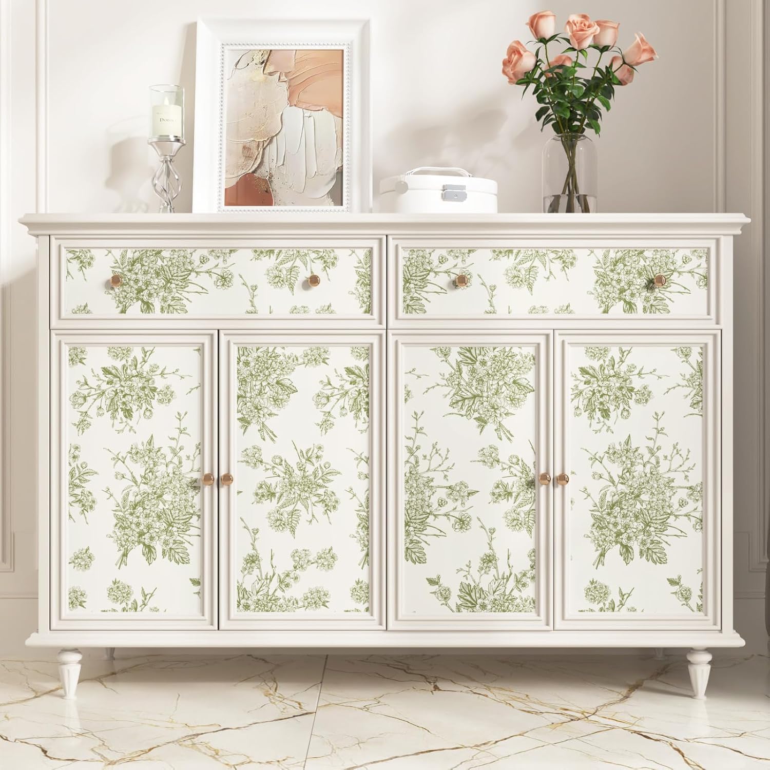 WESTICK Sage Green Floral Wallpaper Boho Self Adhesive Neutral Floral Contact Paper for Walls Vintage French Country Peel and Stick Victorian Wallpaper for Bedroom Bathroom Cabinets Shelf 17.5" x 315"