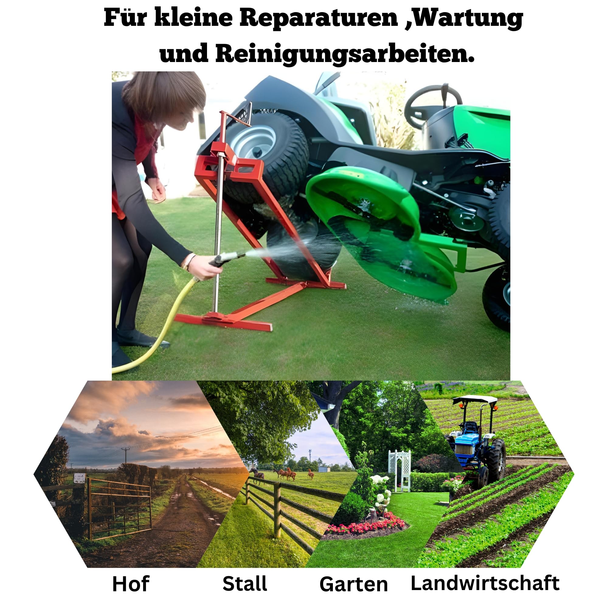 DIVID Hebevorrichtung Reinigungshilfe für Aufsitzrasenmäher, Traktor Heber bis 400Kg, 35 Grad Neigung, Hebebühne Rot