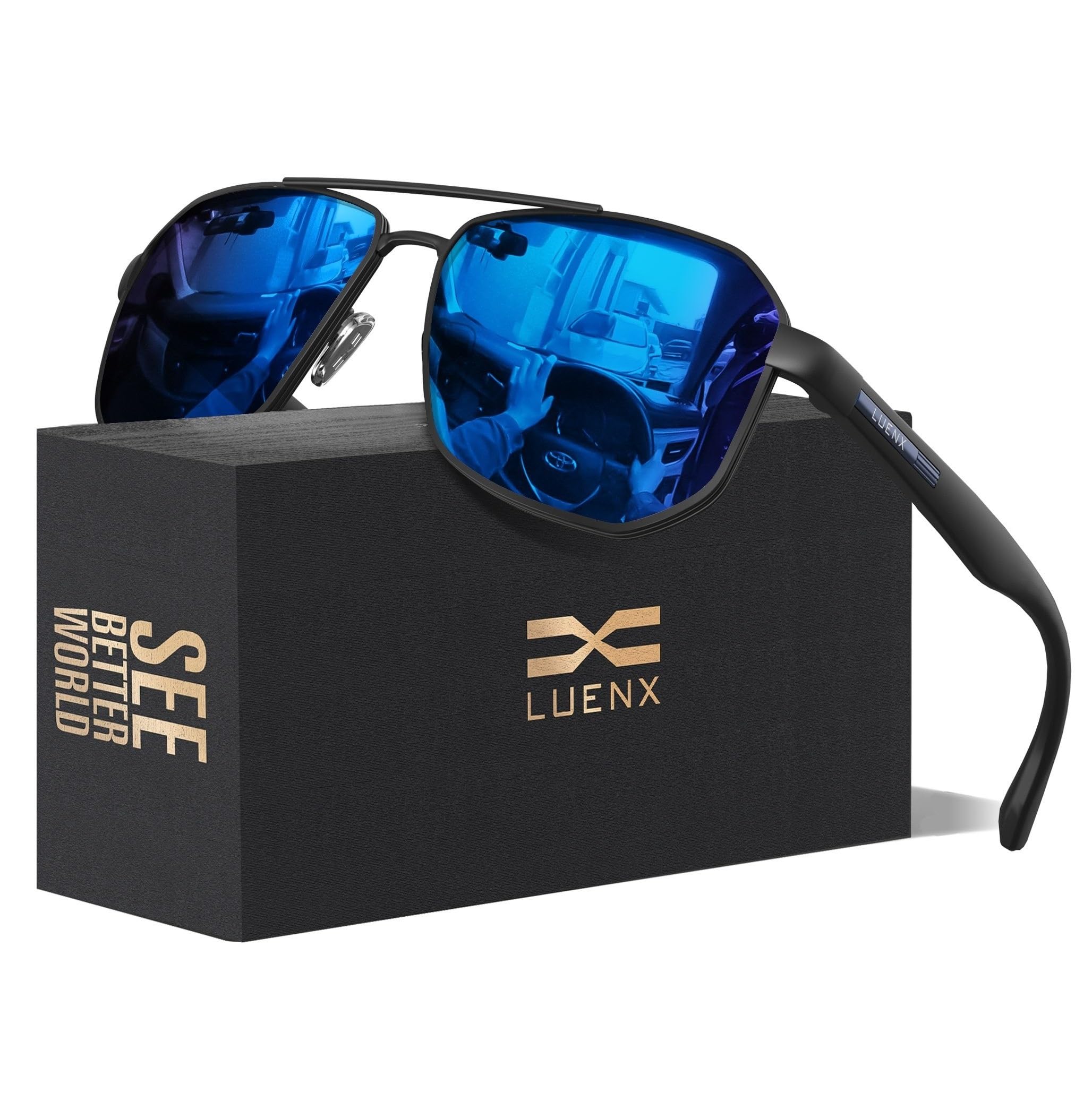 LUENX Sunglasses for Men Women Polarized Sun Glasses Blue Lens Silver Frame 60MM