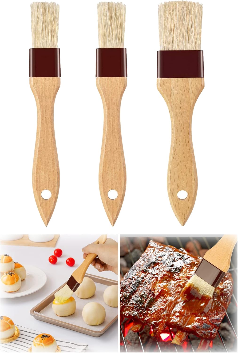 Duomama Basting Brush Set for Cooking and BBQ wool Wooden Handle