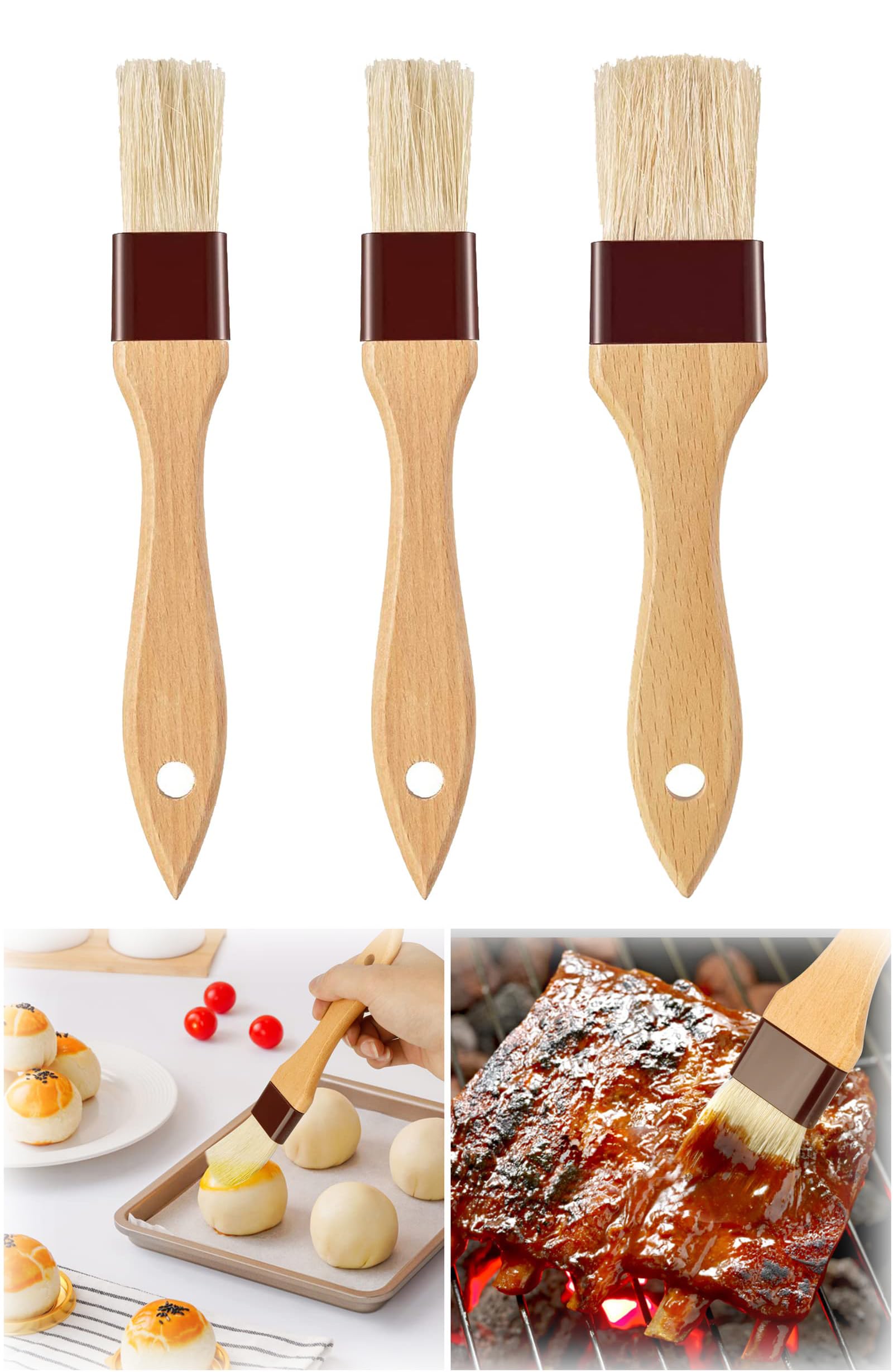Duomama Basting Brush Set for Cooking and BBQ - Wooden Handle - for Baking, Grilling, and Spreading Marinades, Sauces, Butter, Eggs - 3PCS