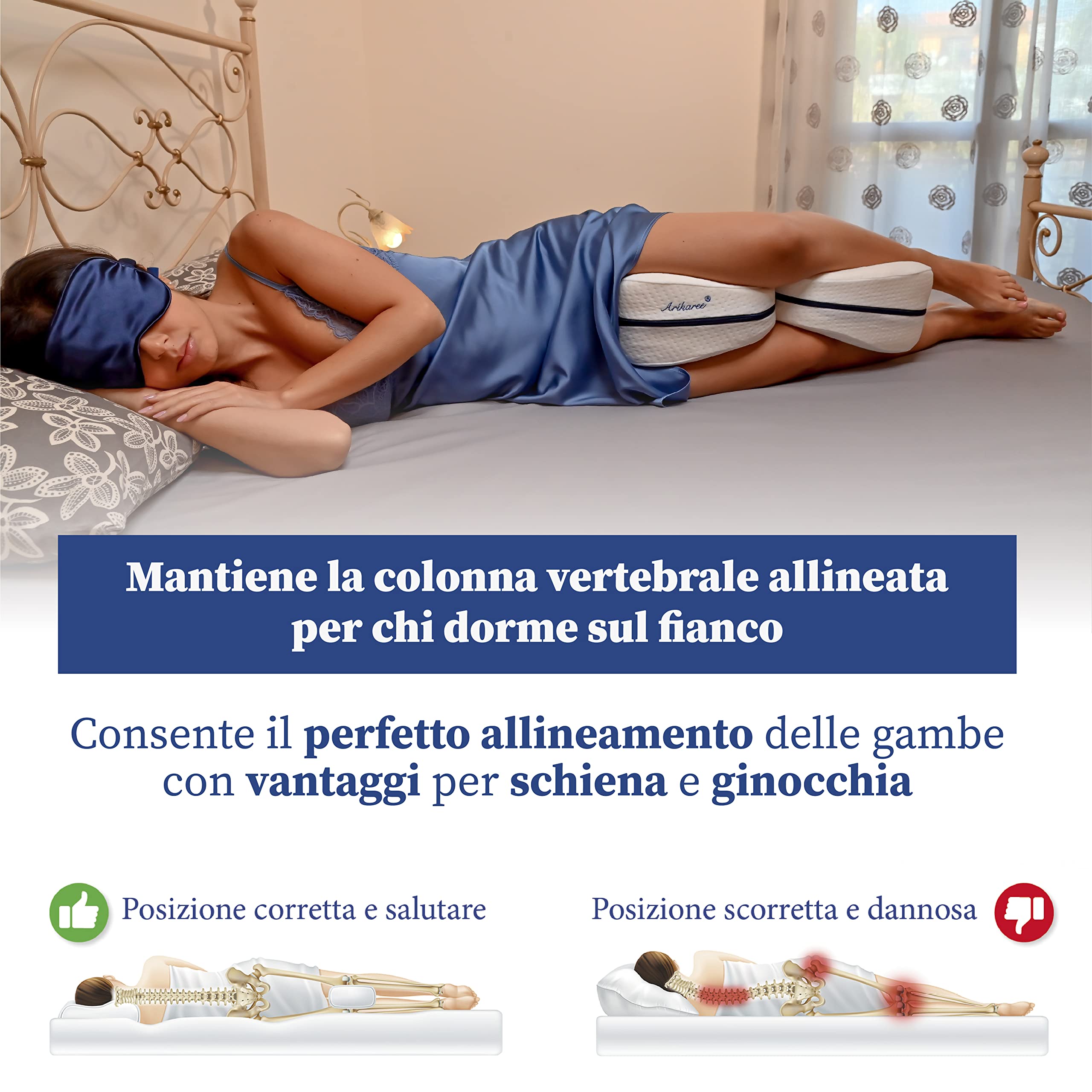 Cuscino Per Gambe Ergonomico In Memory Foam - Per Dormire Sul Fianco, Allevia Dolori Schiena E Ginocchia, Lavabile - Foto 2