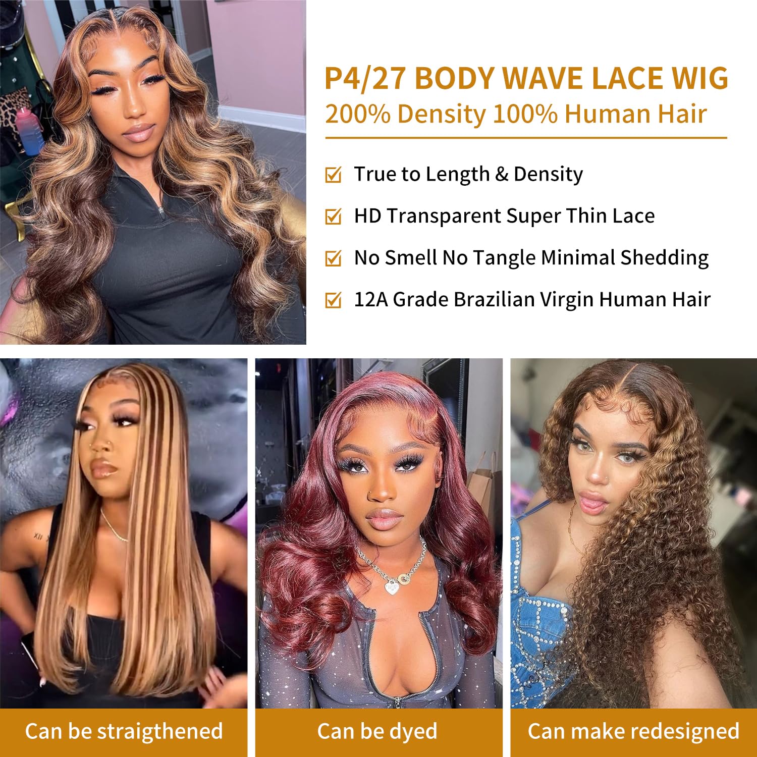 lanxihair 200% Density Highlight Ombre Lace Front Wig Human Hair 26inch 13x4 HD Transparent 4/27 Honey Blonde Lace Frontal Wigs Brown Colored Balayage Glueless Body Wave Lace Front wigs Human Hair Product Image 4
