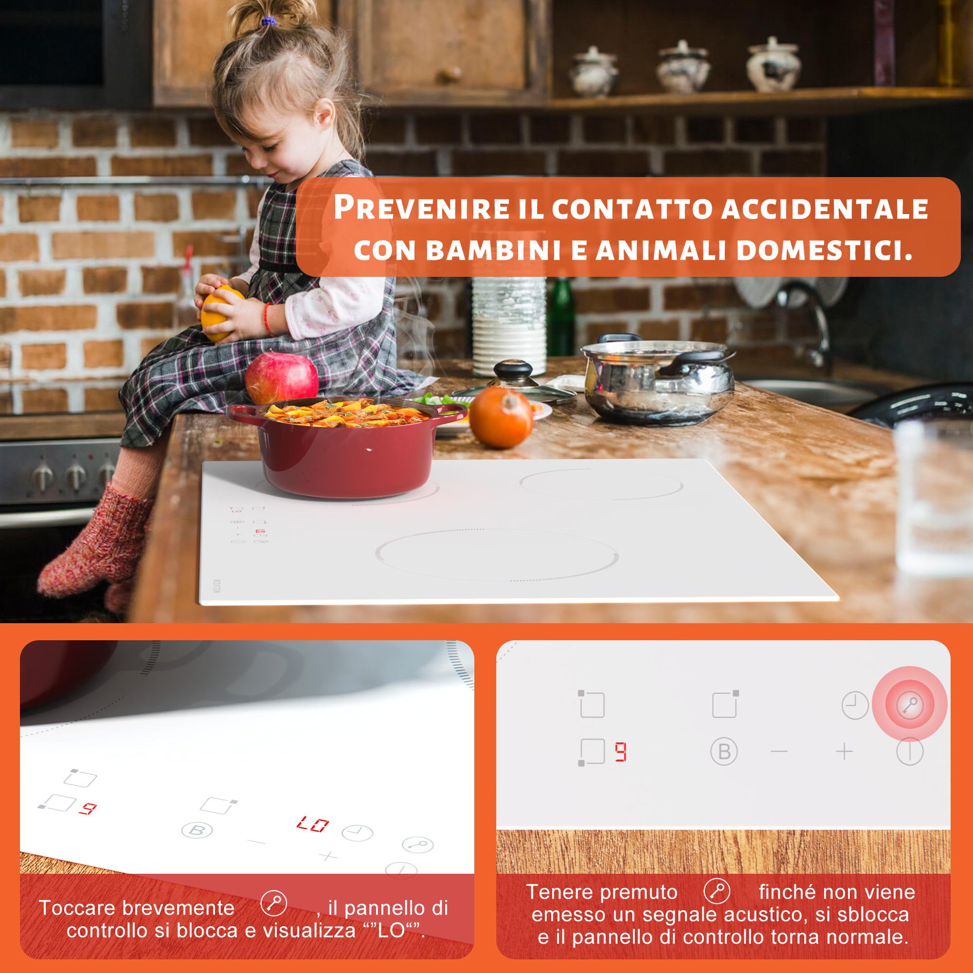 Noxton Piano Cottura Induzione 3 Fuochi, Piastra ad Elettrico 60cm Toccre Controll con Spina, 3500W Piastra Induzione di Timer, 9 Livello di Potenza, Spegnimento Automatico, Indicazione Calore, Bianco