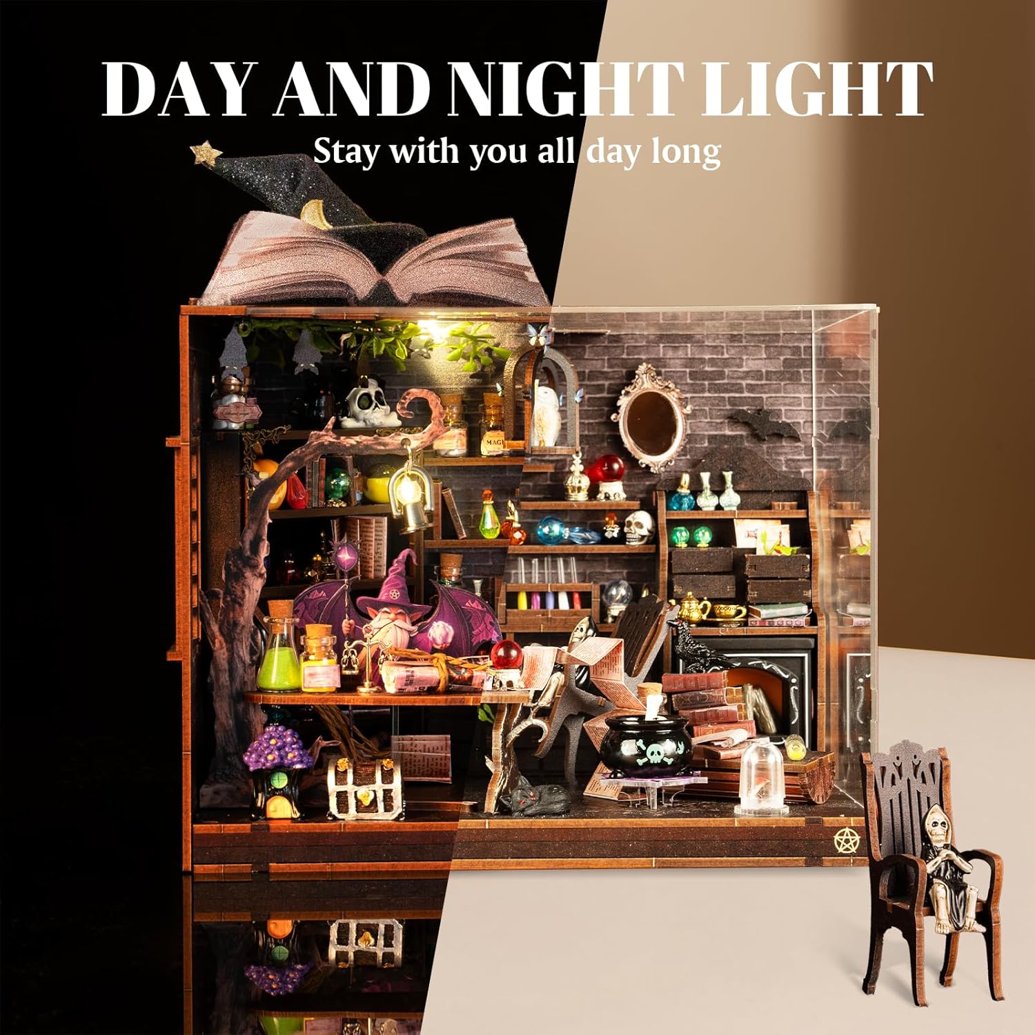 Book Nook Kit for Adults - Dollhouse with 70+ Accessories & LED, DIY Miniature House Craft Set, Bookshelf Decor or Gift Idea(Jungle Magic House)