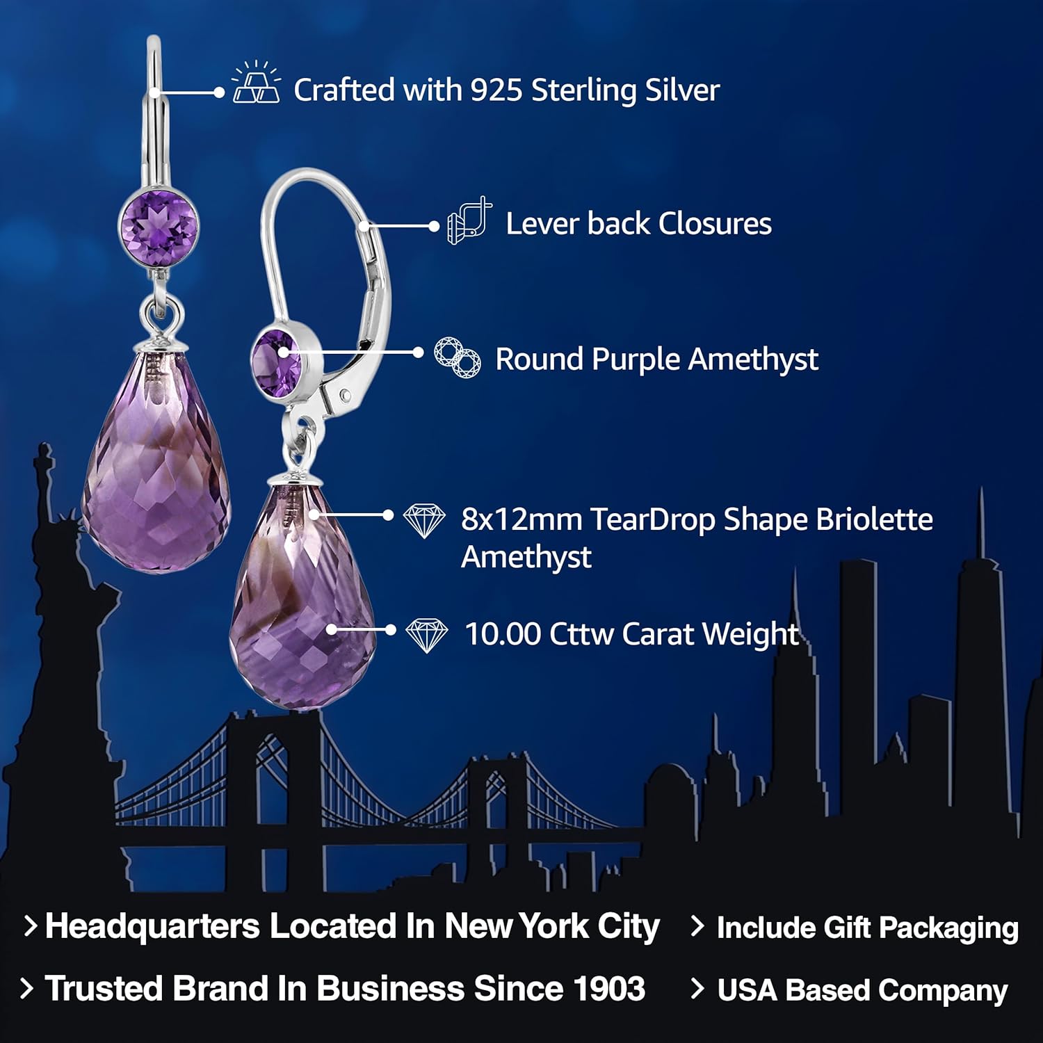 Gem Stone King 10.00 Cttw Briolette Amethyst Drop Dangle Earrings For Women | 925 Sterling Silver | Gemstone Birthstone | Measurement: 8X12MM