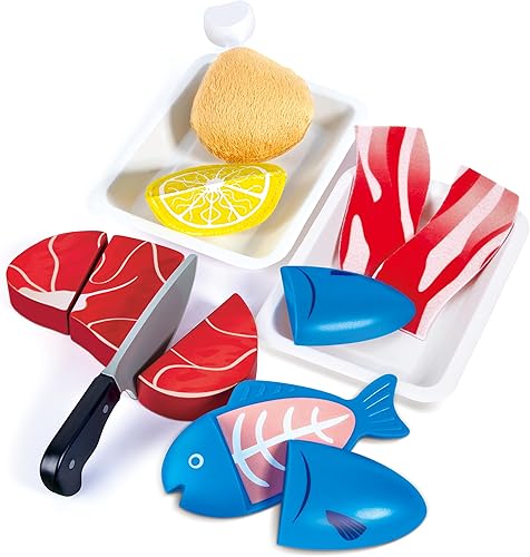 Hape Tasty Proteins Set | Juego de comida de madera para niños, juego básico de ingredientes y accesorios de cocina, multicolor