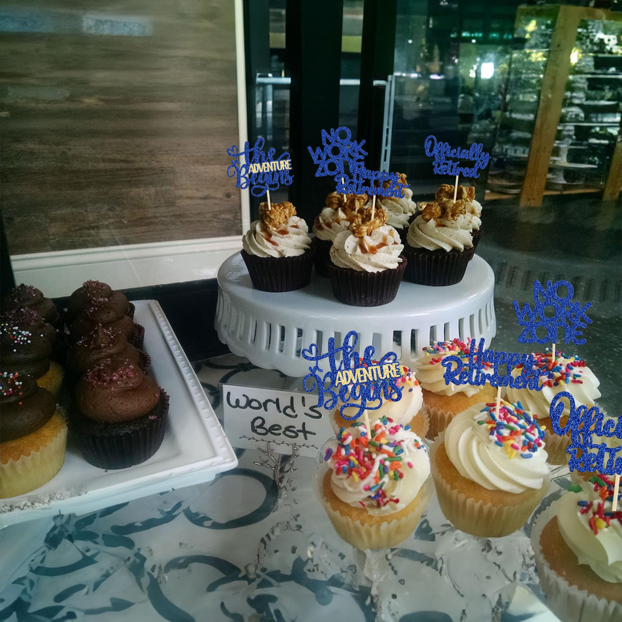 Blumomon 24 decorazioni per cupcake con scritta Happy Retirement, glitterate, decorazioni per cupcake a tema pensionamento, feste di compleanno, decorazioni per torte, forniture nere