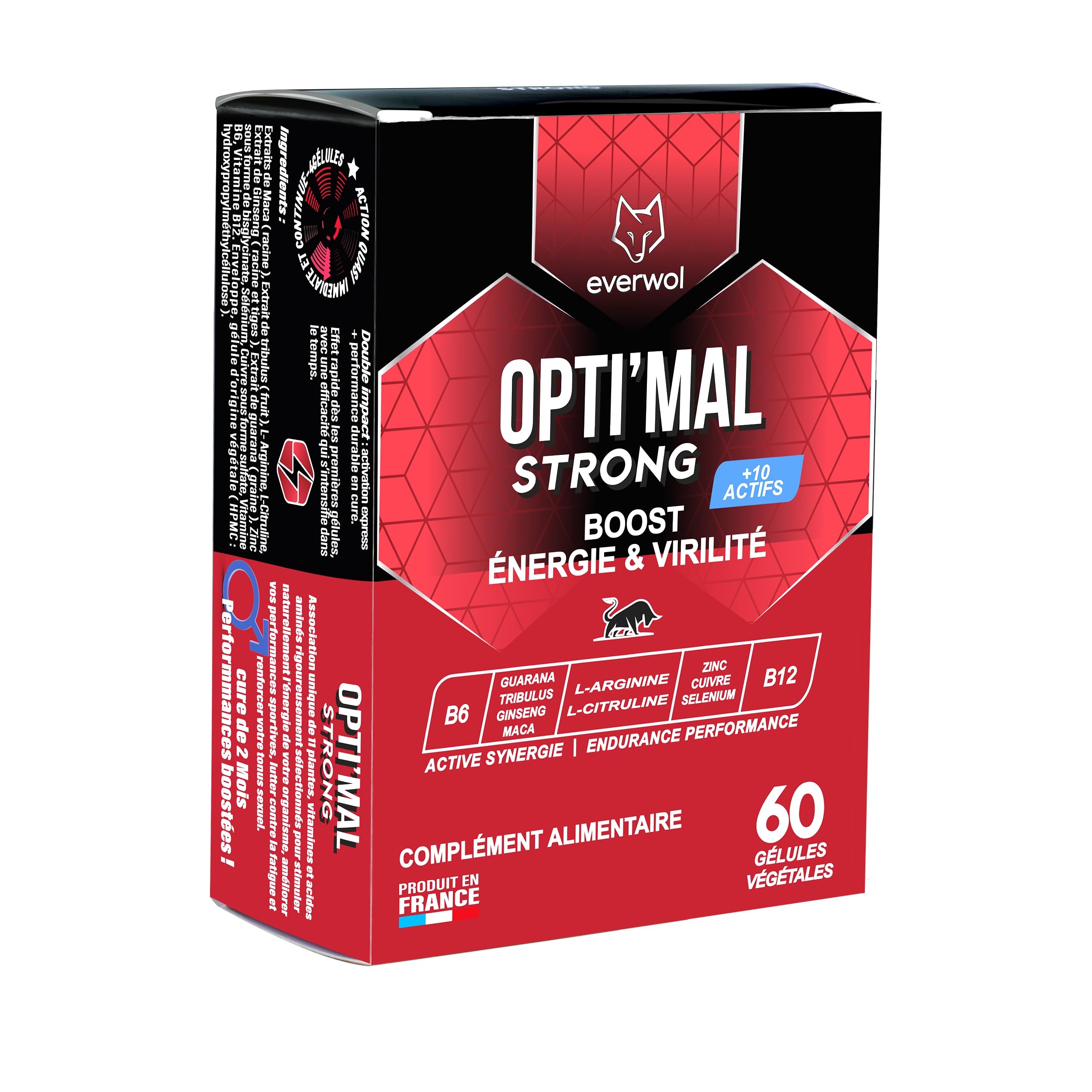 OPTI'MAL STRONG – Complément Alimentaire Homme – Énergie & Vitalité – Ginseng, Maca, Guarana, Zinc & Vitamines – Soutien de la Forme & de l’Endurance – 60 Gélules – EVERWOL