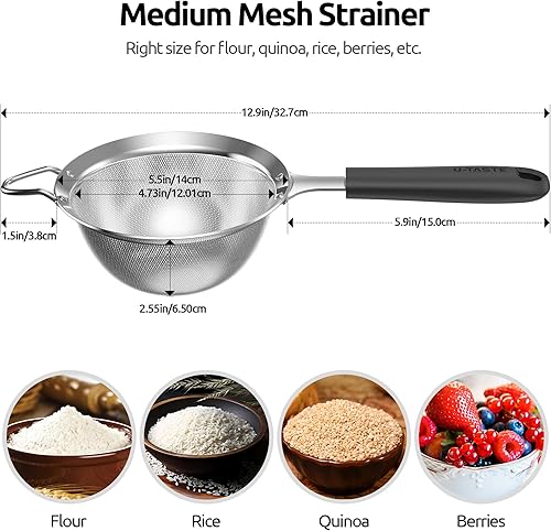 Miniatura 3 de U-Taste Colador de alimentos de malla fina tamiz de cocina de malla 30 de acero inoxidable 188 con mango de silicona remachado resistente, colador