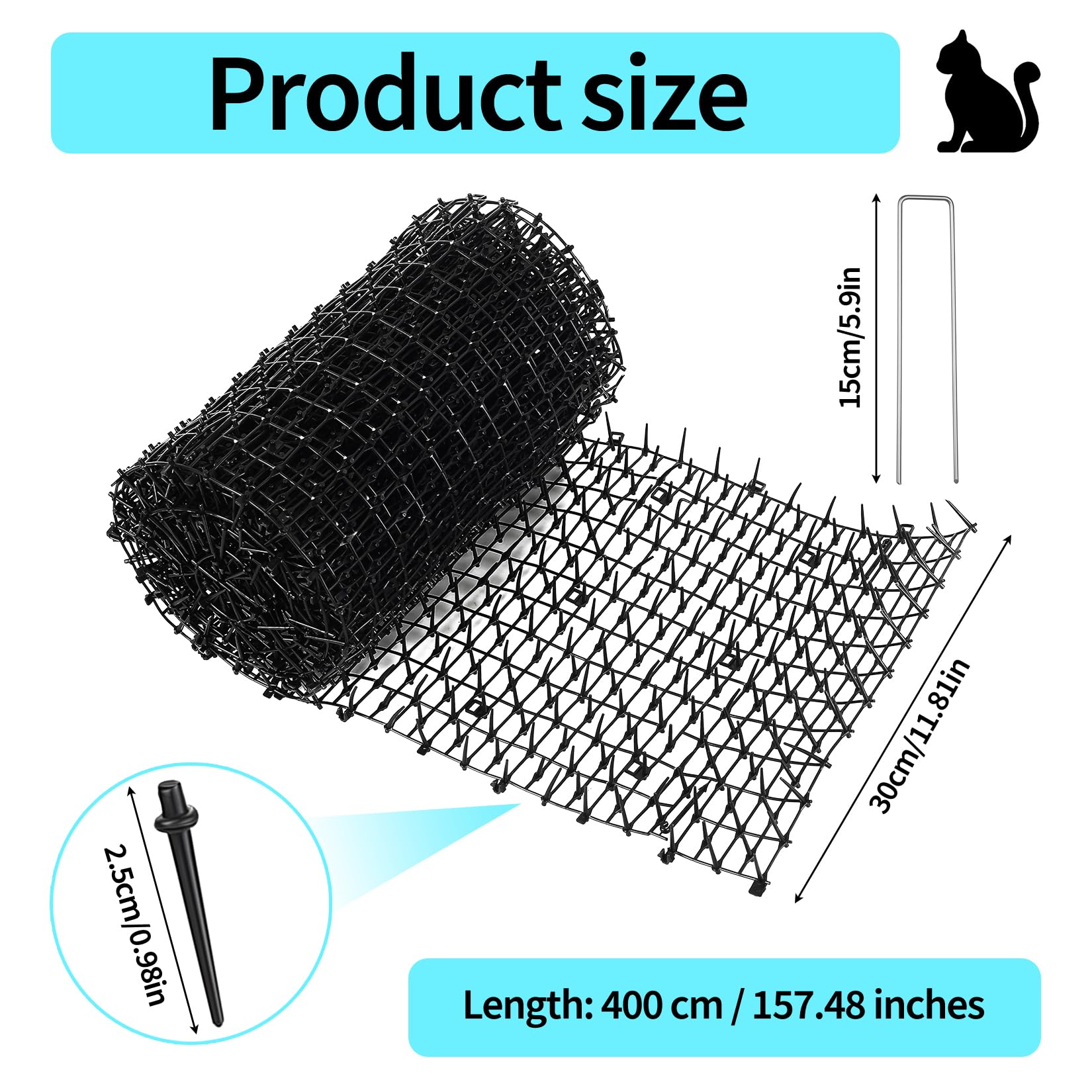 1 Rouleau Tapis Repulsif Chat Interieur Exterieur, 30 x 400 cm Tapis Anti-Chats, Tapis Répulsif Chat à Picots pour Chiens, Chats et Oiseaux, avec 8 piquets de Fixation au Sol