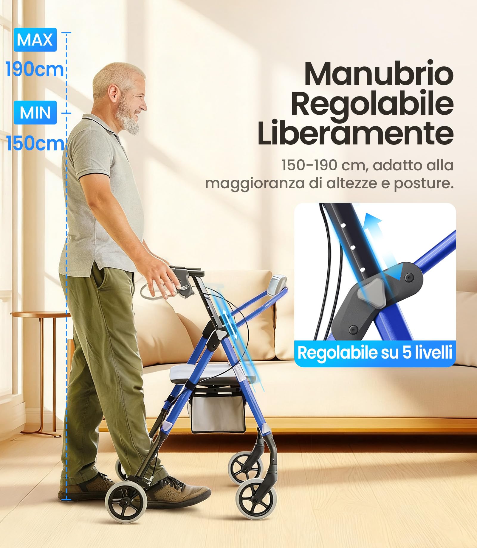 VOCIC Deambulatore pieghevole e leggero con seduta, 6,3 kg ultraleggero | Deambulatore per anziani, max 150 kg, sedile ergonomico, altezza regolabile, walker stretto per casa & viaggi, blu