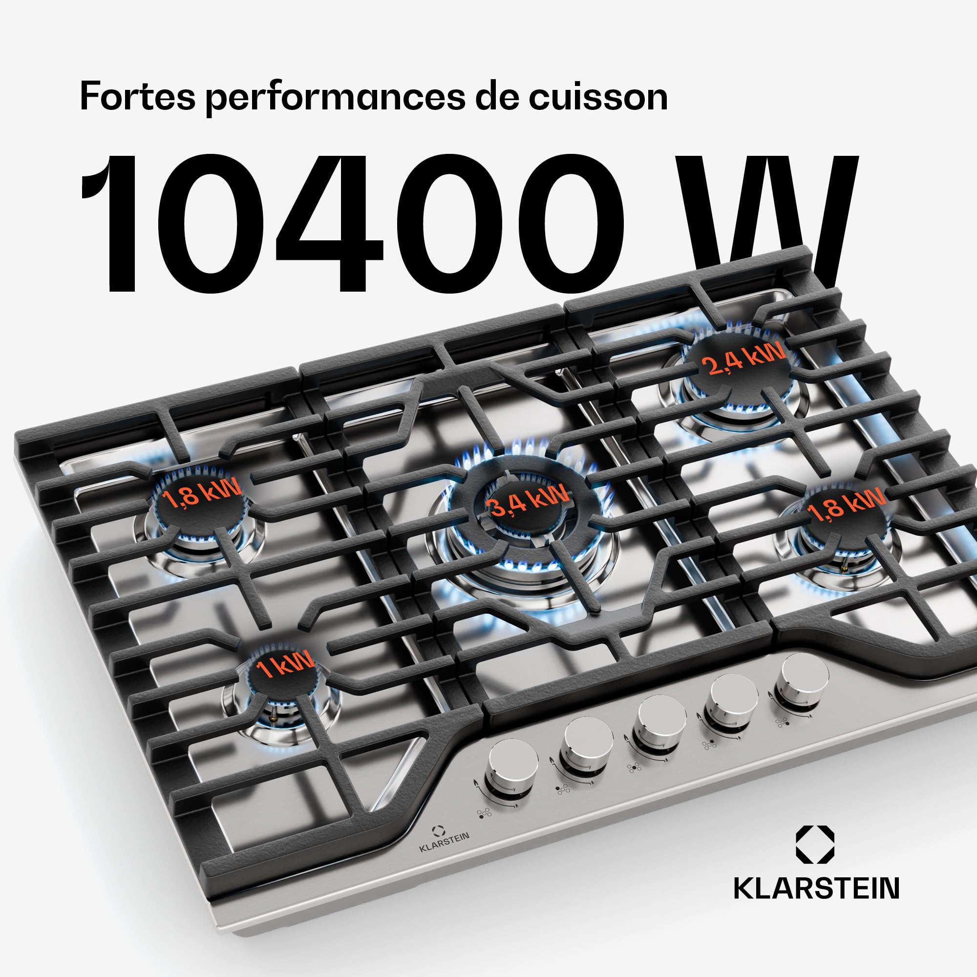 Klarstein Turbocast Placa de Gas, 5 Quemadores, Acero Inoxidable 304, Quemador Wok 3,4kW, Encendido Automático, Apagado de Seguridad, Kit GLP, Encimera Gas Profesional, 750×100×500mm