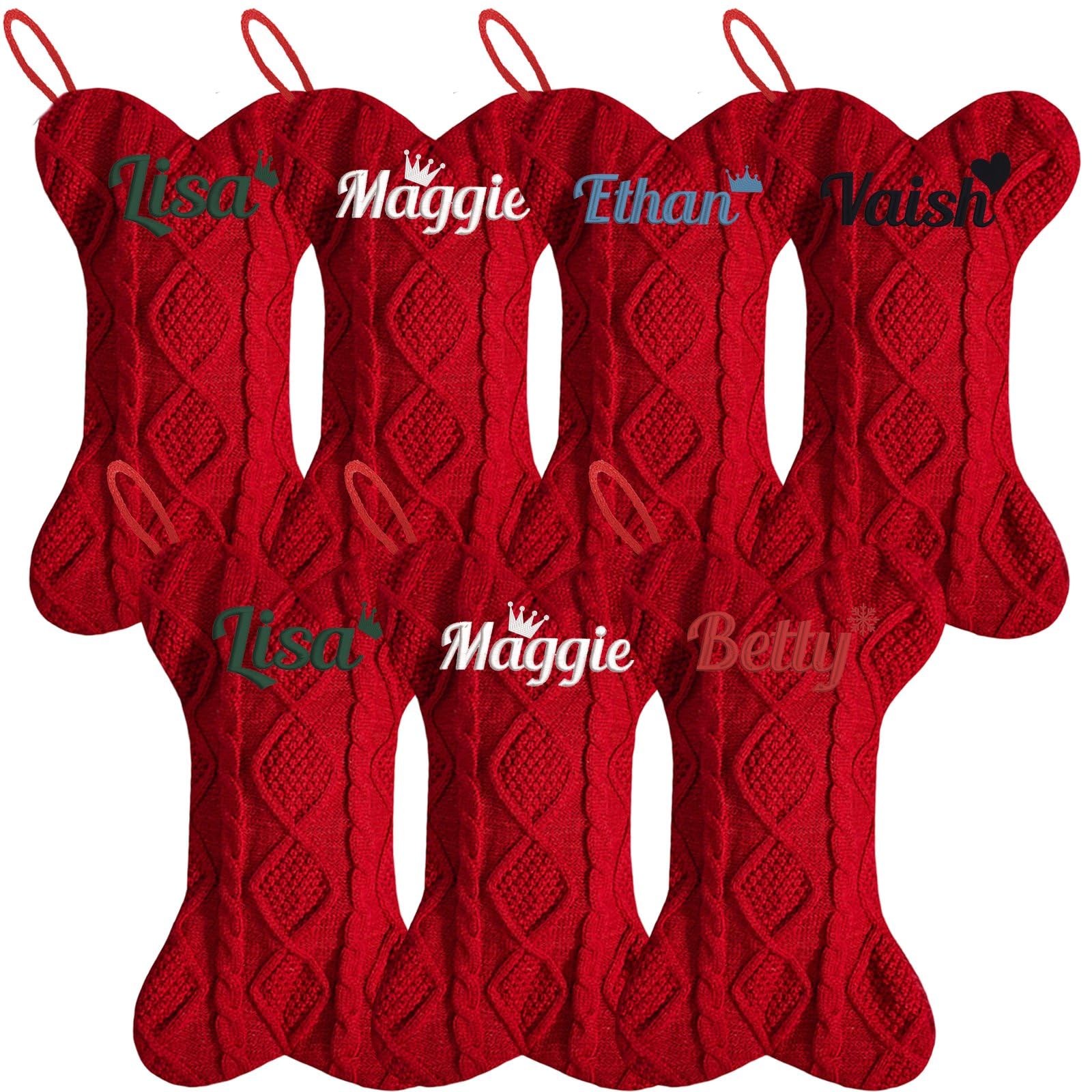 Lustige Weihnachtsstrümpfe, Knochenstrick, groß, 41,9 cm, mit gesticktem Namen, bestickt, für Familie, Urlaub, Kamin, hängende Strümpfe für Weihnachten, hängende Dekoration, 7 Stück