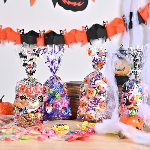 Miniatura 7 de AhfuLife 200 bolsas de celofán de Halloween, 8 diseños de bolsas de dulces transparentes de Halloween para golosinas o tratos, bolsas de golosinas