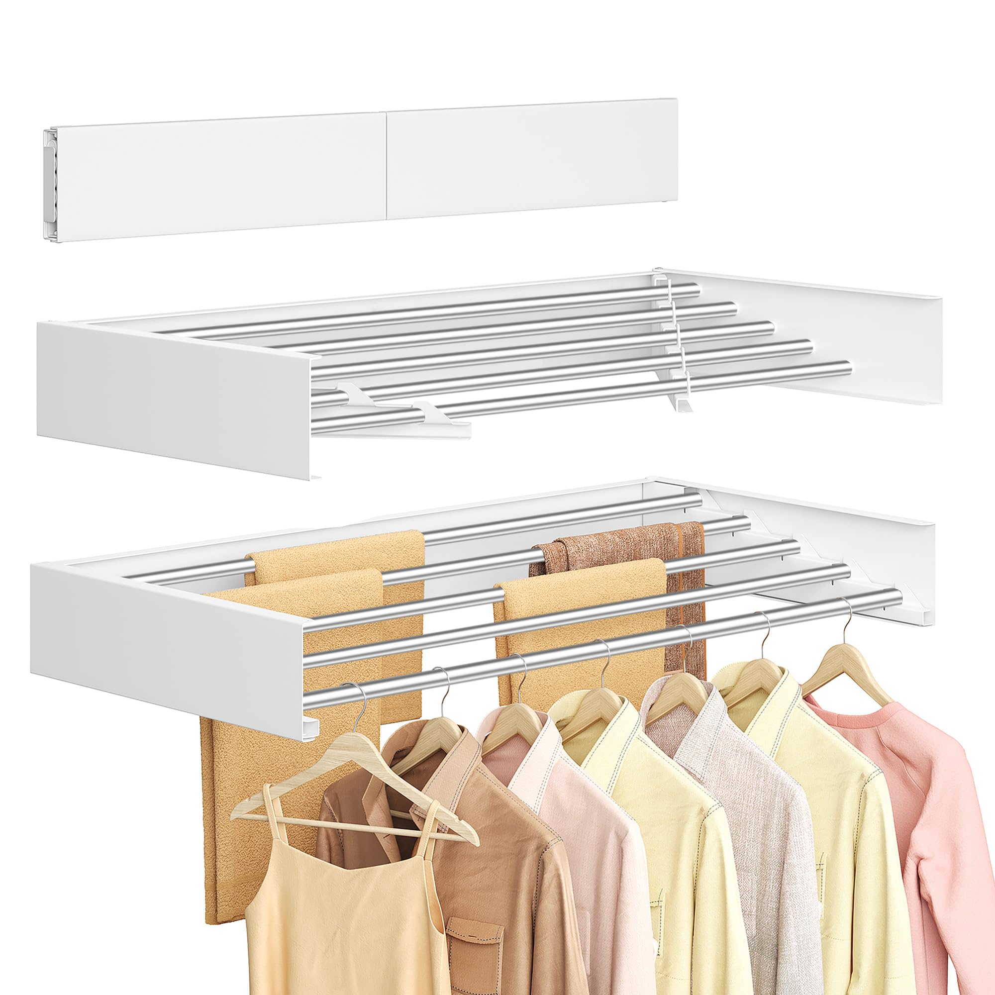 SONGMICS Clothes Drying Rack, Wall-Mounted, Foldable, with Storage Shelf