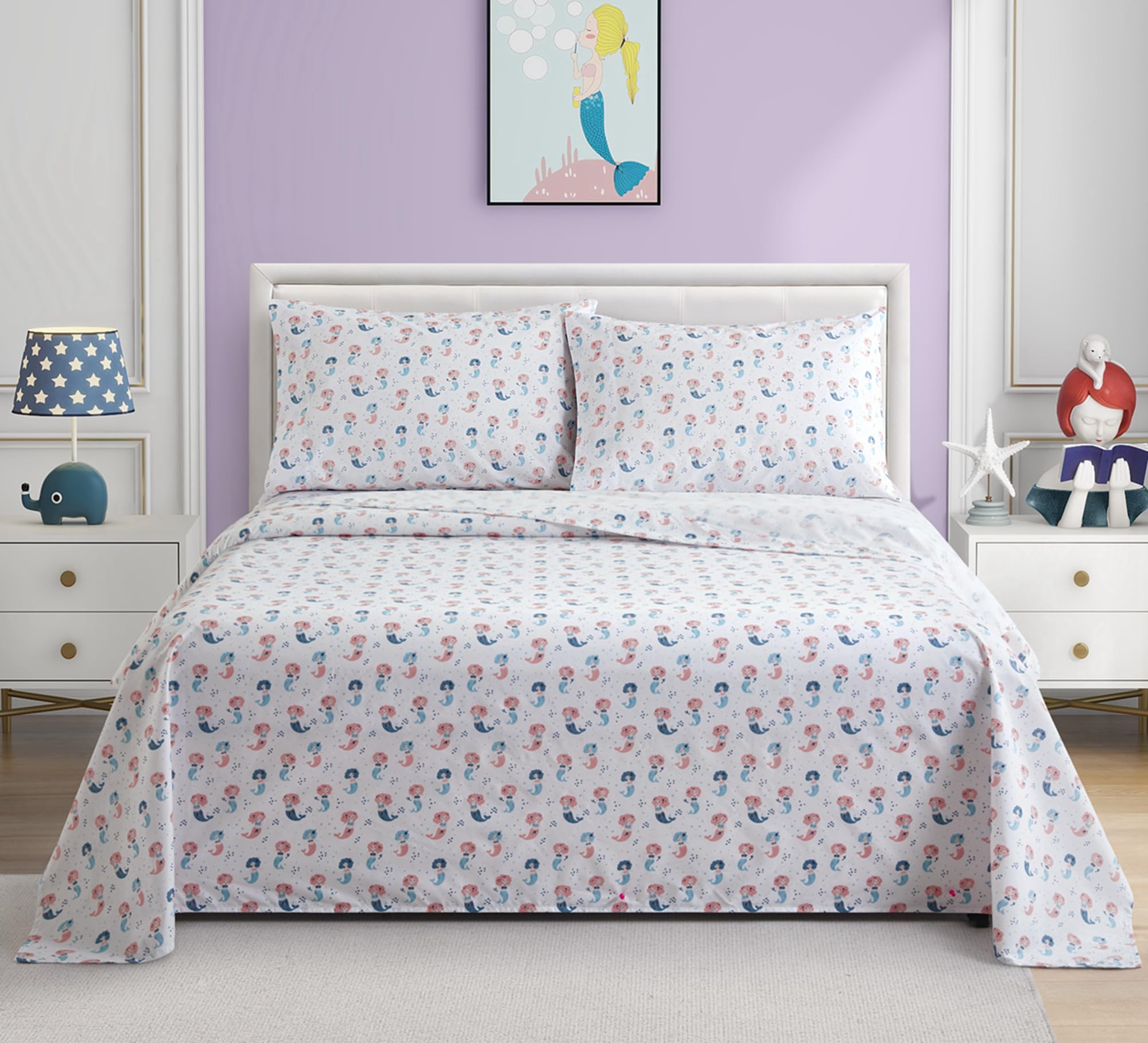 Marina Decoration Kids Girls Toddlers Cute Printed 600 Thread Count Soft Deep Pocket Cotton Blend Percale All Season 4 Pieces Bedding Sheet Set, Cartoon Mermaid Pattern Queen Size