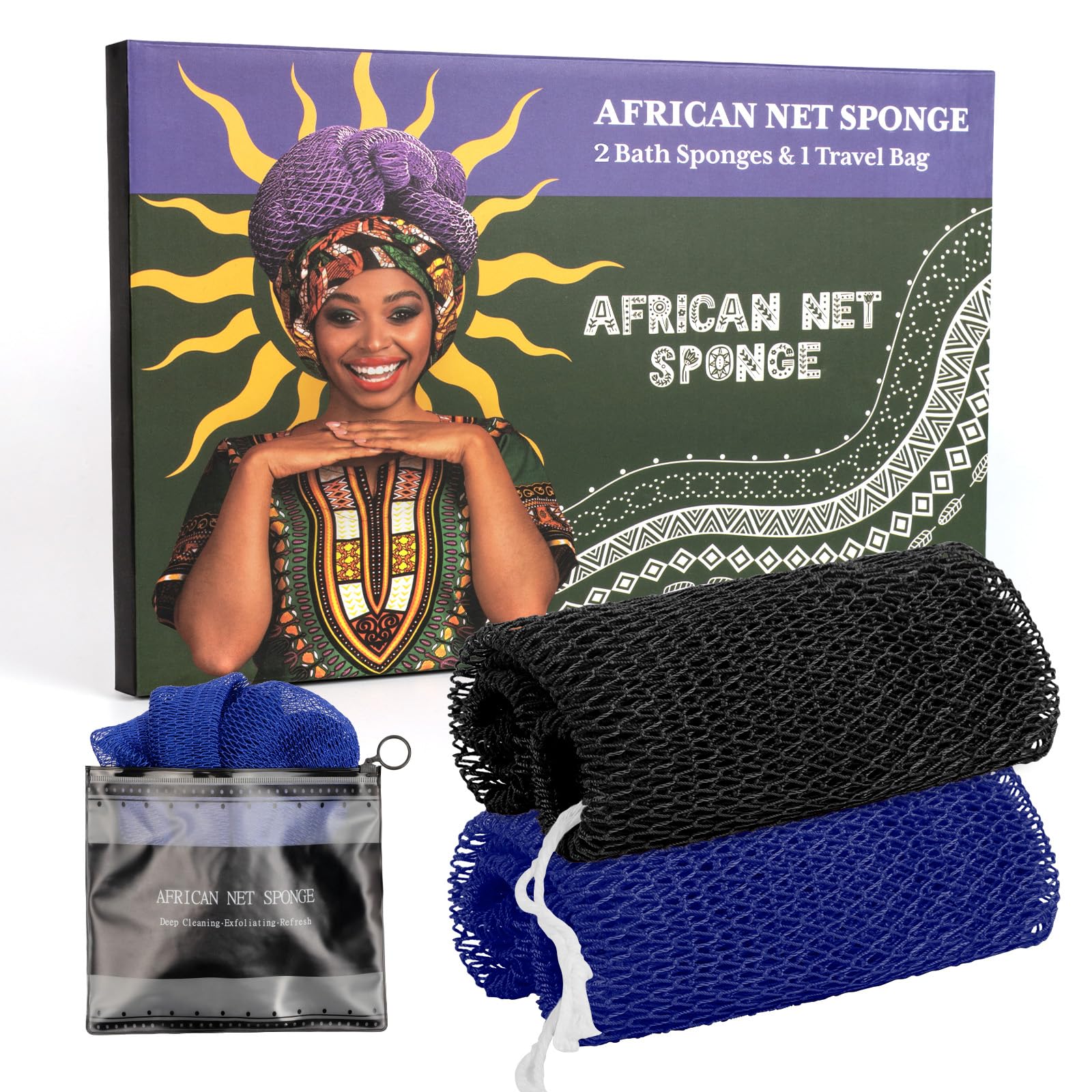 African Net Sponge Authentic with Handles (Set of 2), African Exfoliating Net Sponge, Exfoliating Body Scrubber Bath Sponge - Bathing Accessories with Storage Bag (Blue & Black)